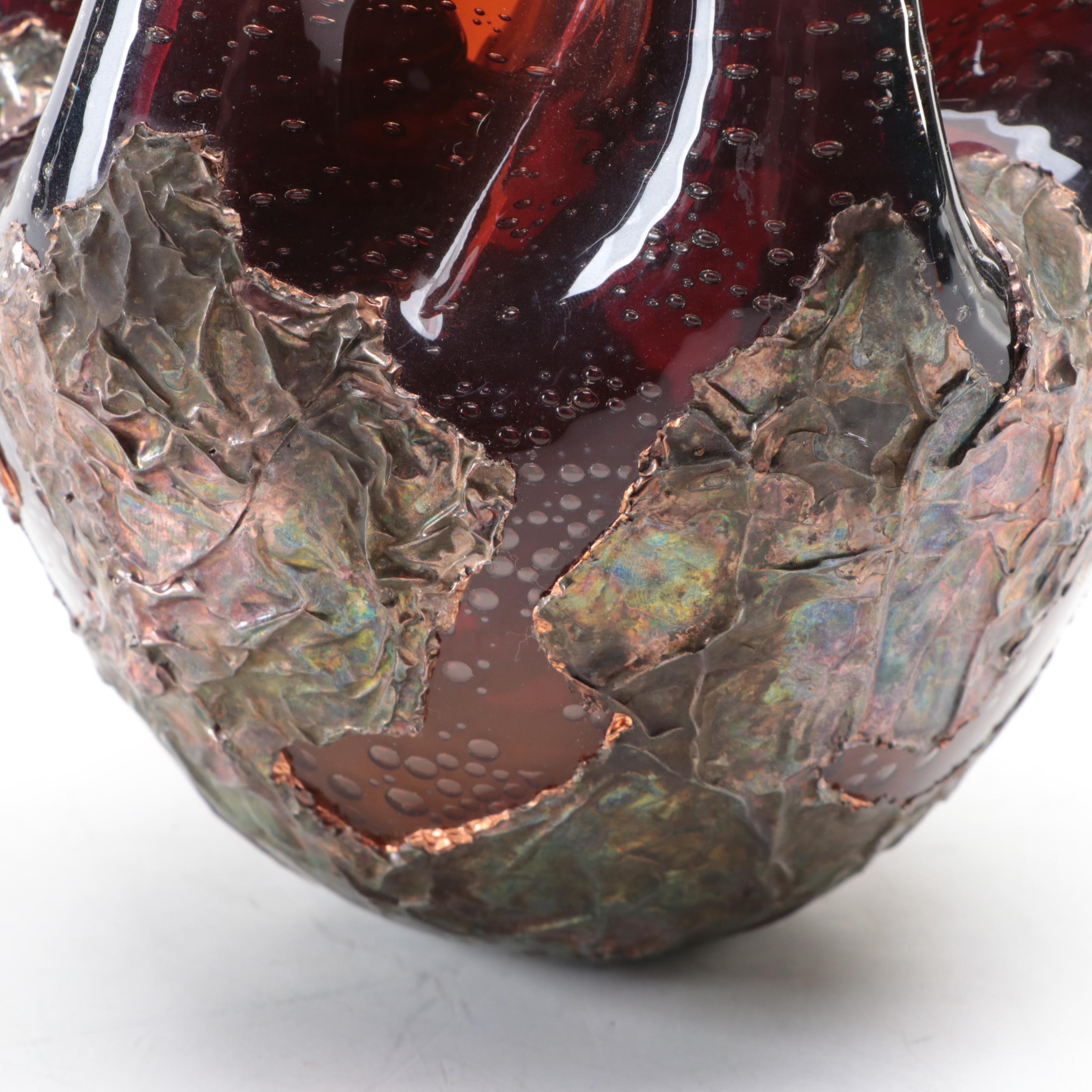 Signed Studio Art Glass Vase with Crimped Rim and Patinated Copper Overlay, 1975