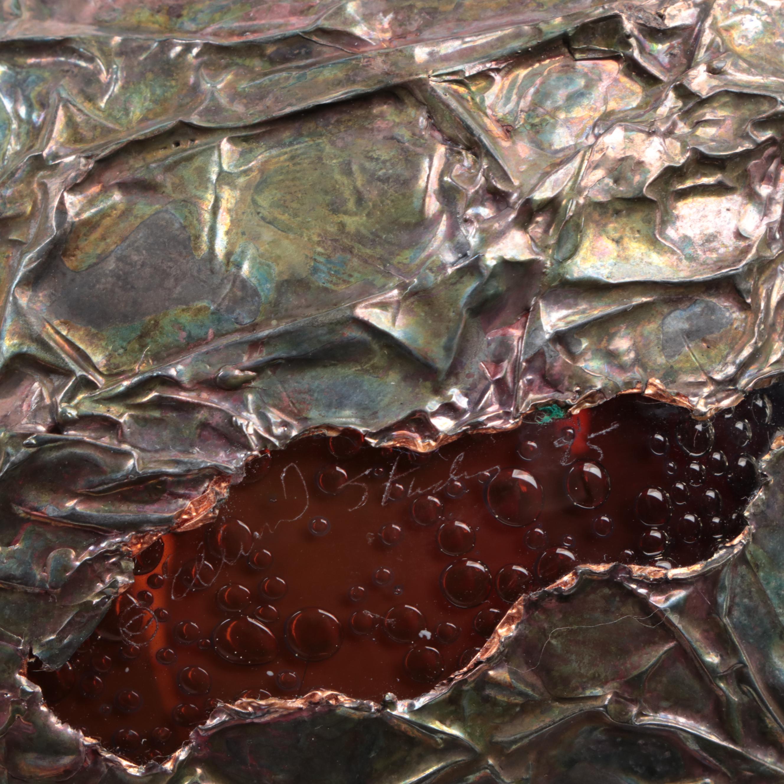 Signed Studio Art Glass Vase with Crimped Rim and Patinated Copper Overlay, 1975