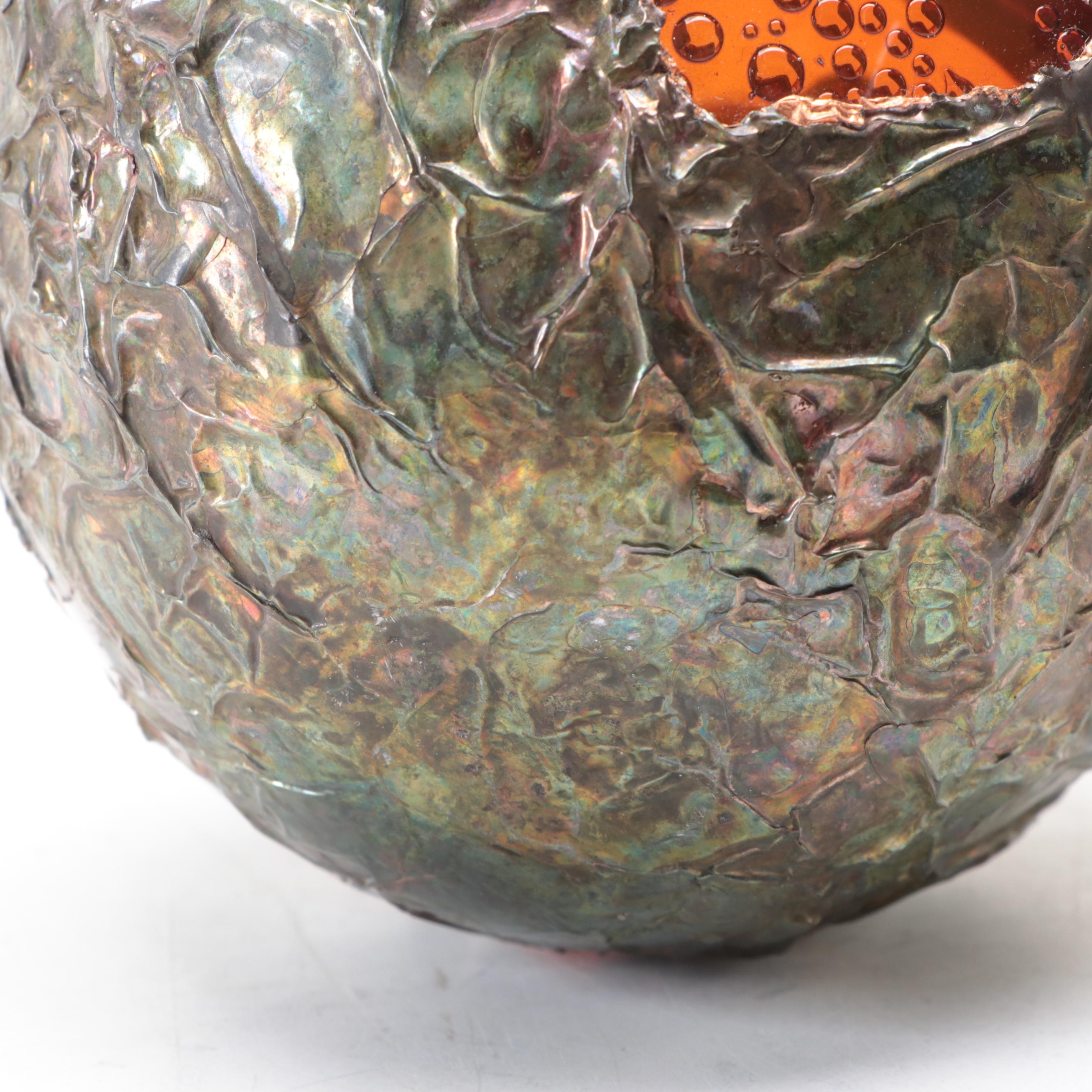 Signed Studio Art Glass Vase with Crimped Rim and Patinated Copper Overlay, 1975