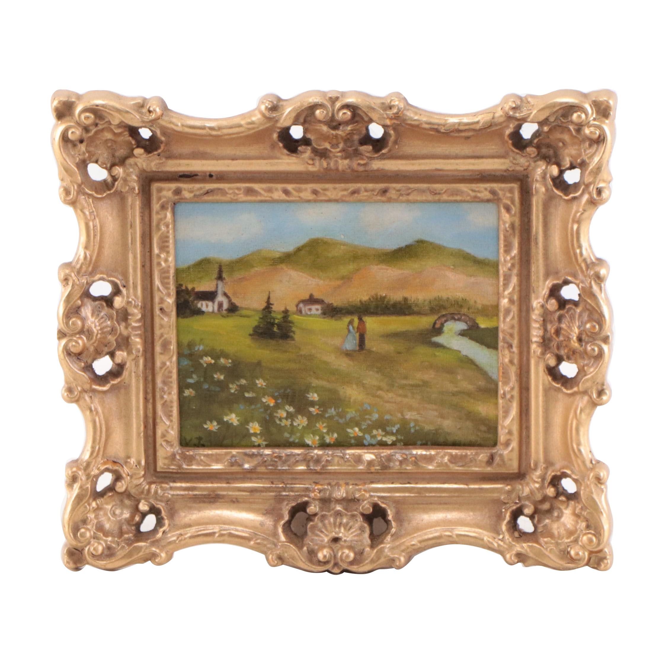 Oil Painting of Two Figures In Pastoral Landscape