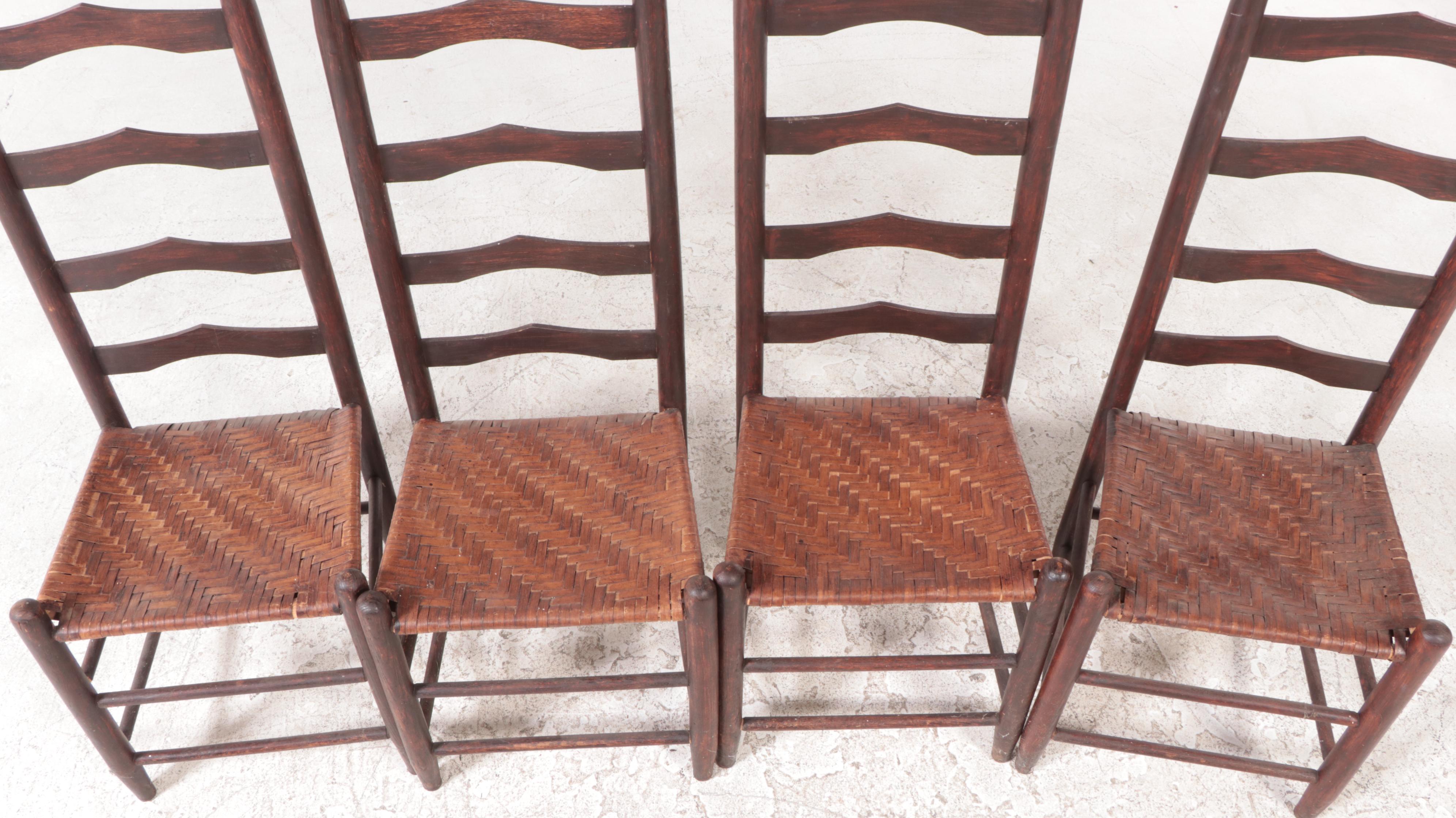 Four American Primitive Oak Ladderback Side Chairs, Late 19th/Early 20th Century