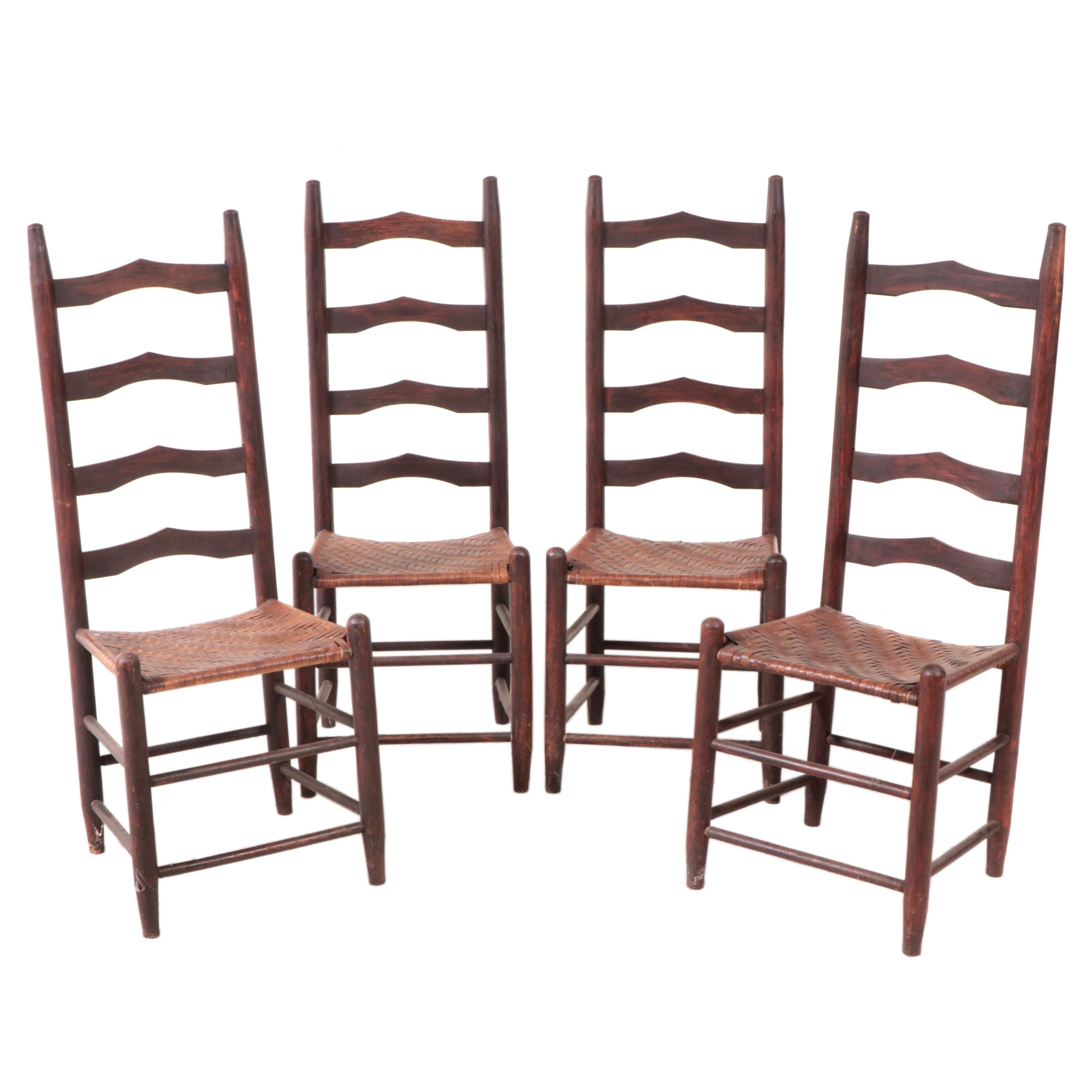 Four American Primitive Oak Ladderback Side Chairs, Late 19th/Early 20th Century