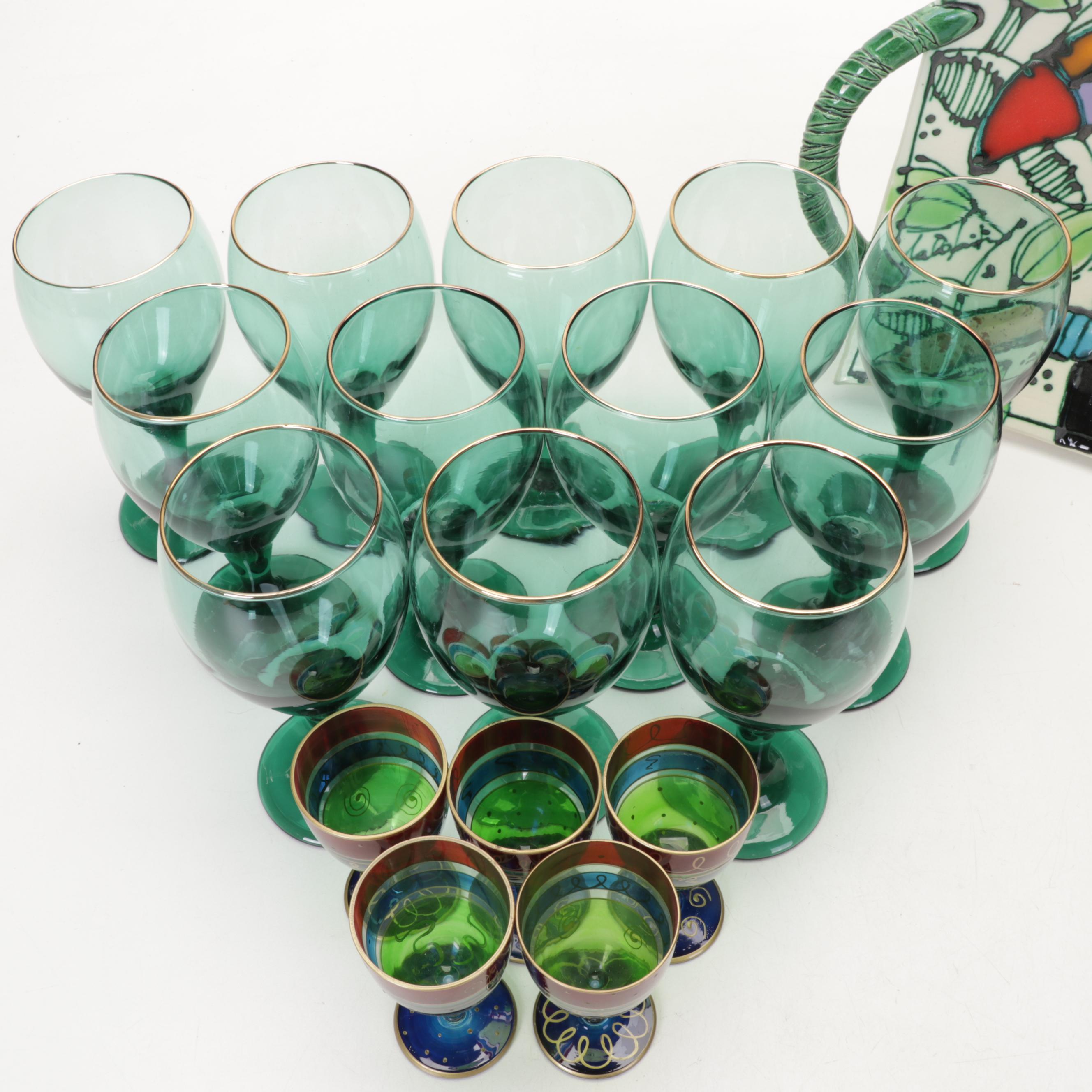 Libbey "Teardrop Juniper" Wine Glasses with Other Cordial Glasses and Platter