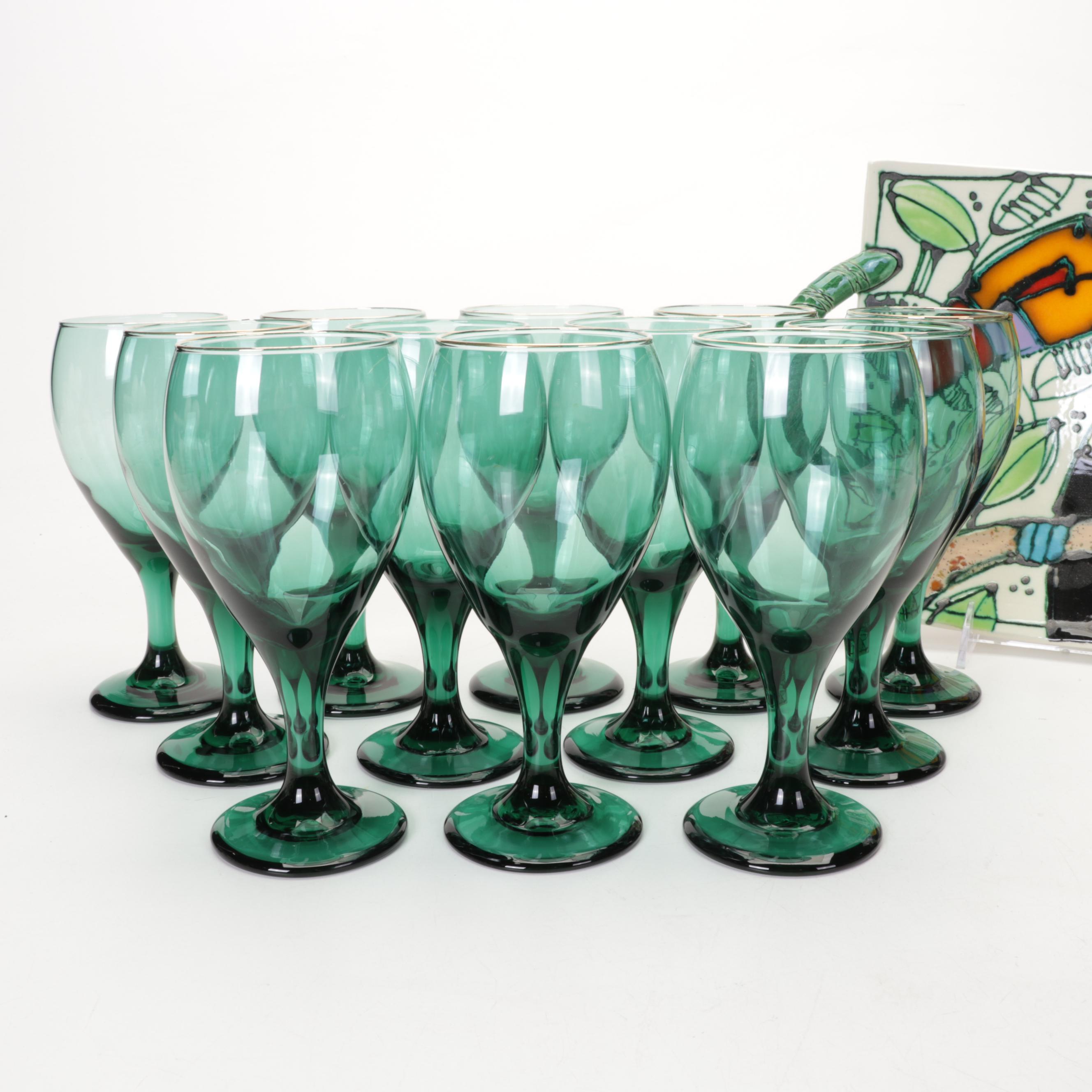 Libbey "Teardrop Juniper" Wine Glasses with Other Cordial Glasses and Platter