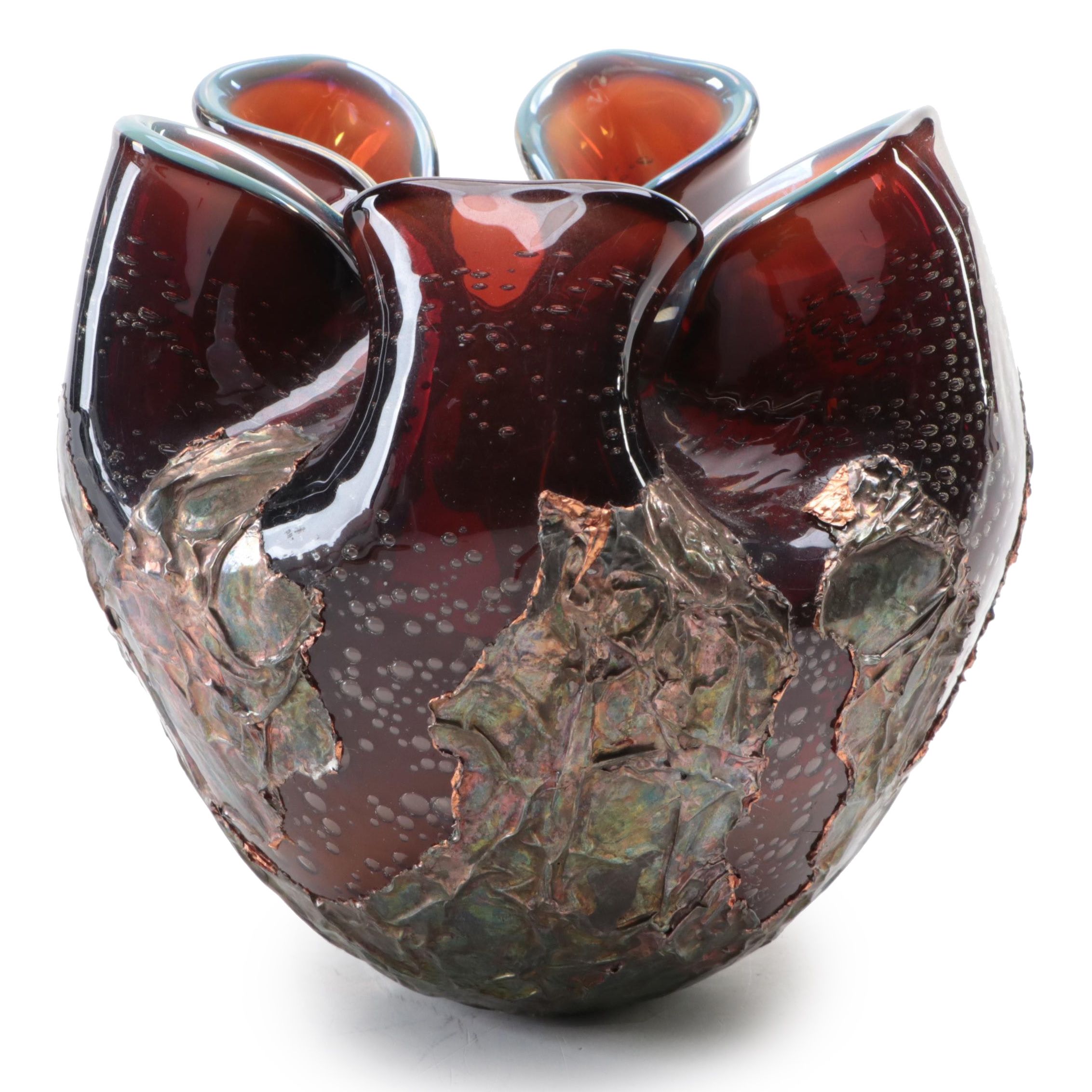 Signed Studio Art Glass Vase with Crimped Rim and Patinated Copper Overlay, 1975