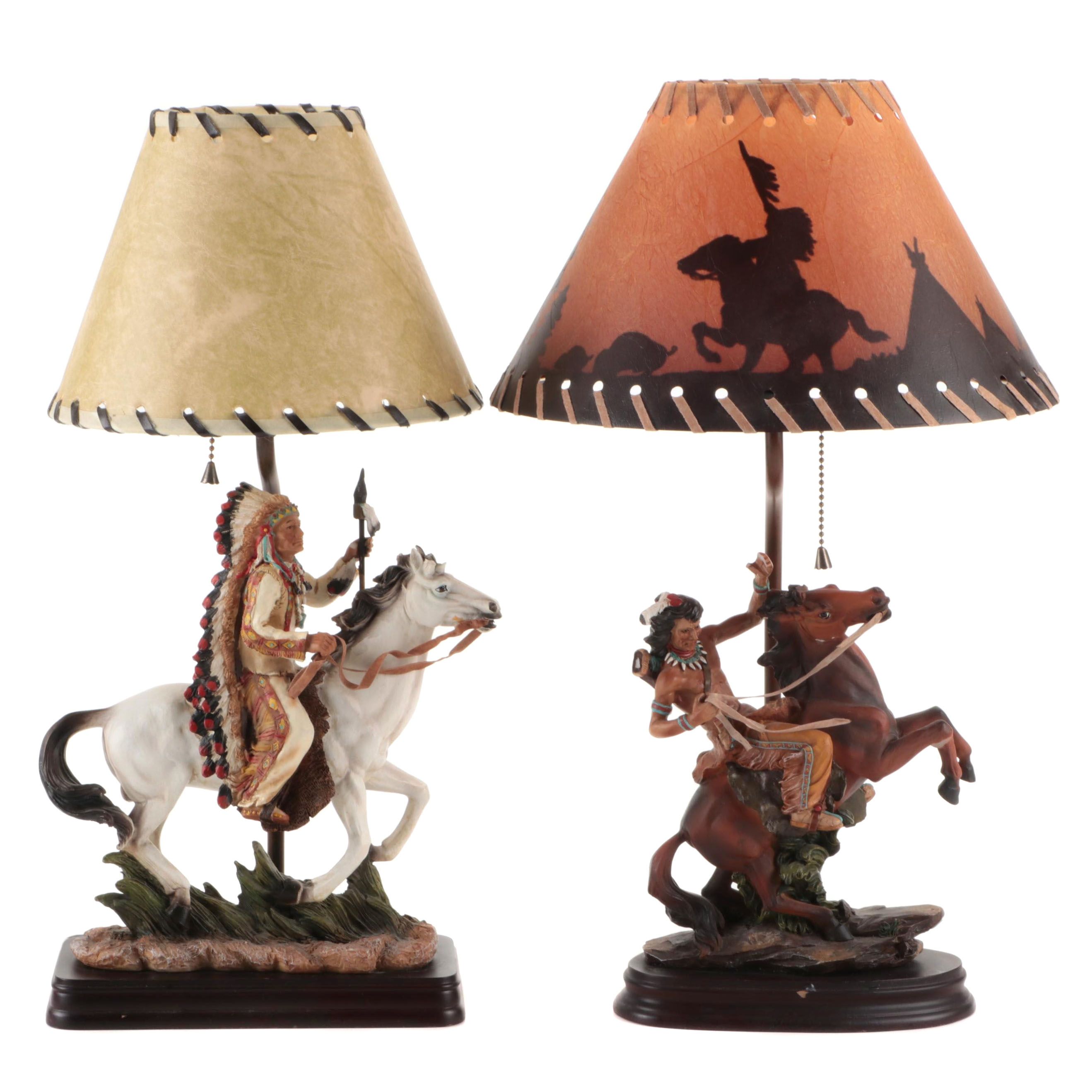 Native American Figures on Horseback Resin Table Lamps