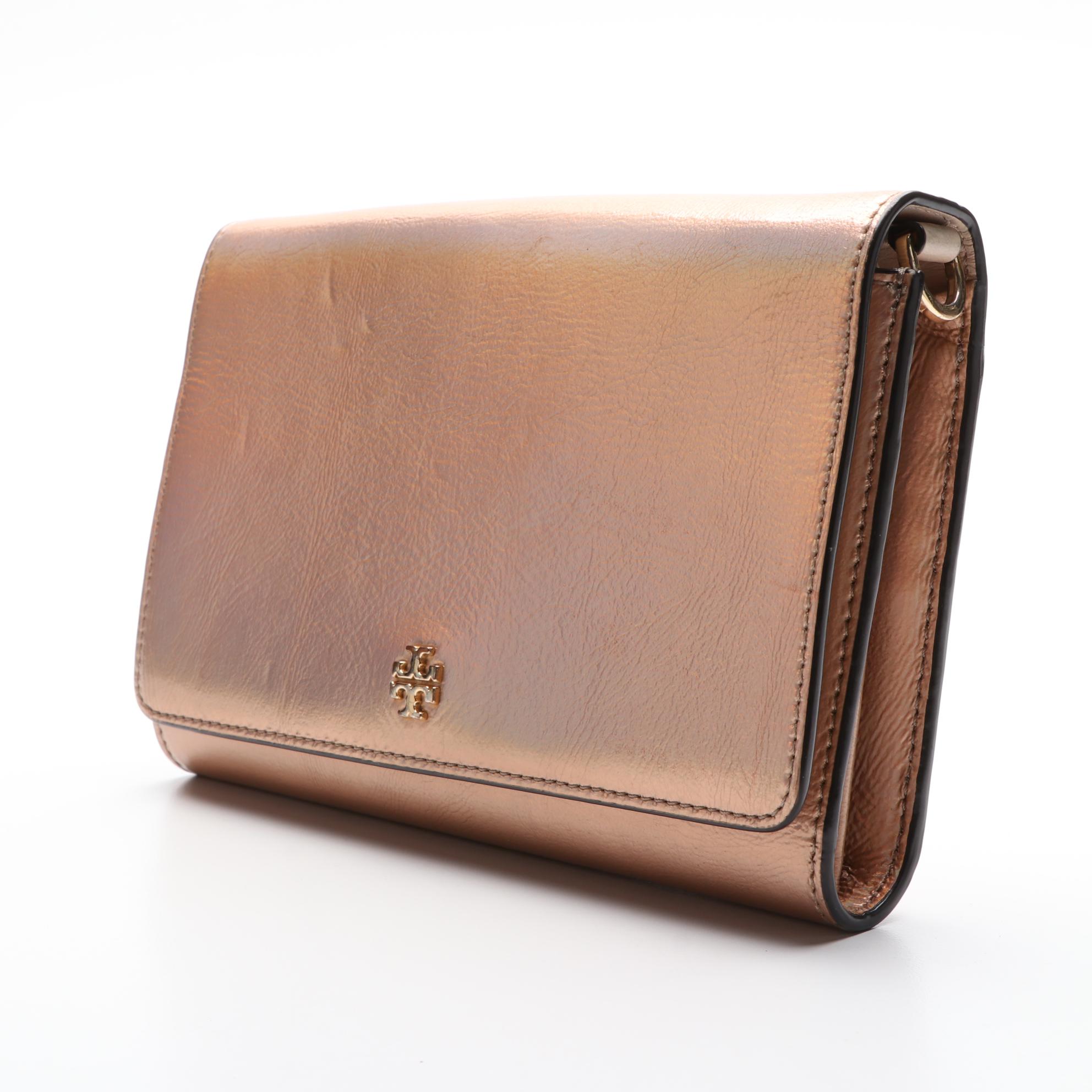 Tory Burch Wallet on Chain in Metallic Finish Leather