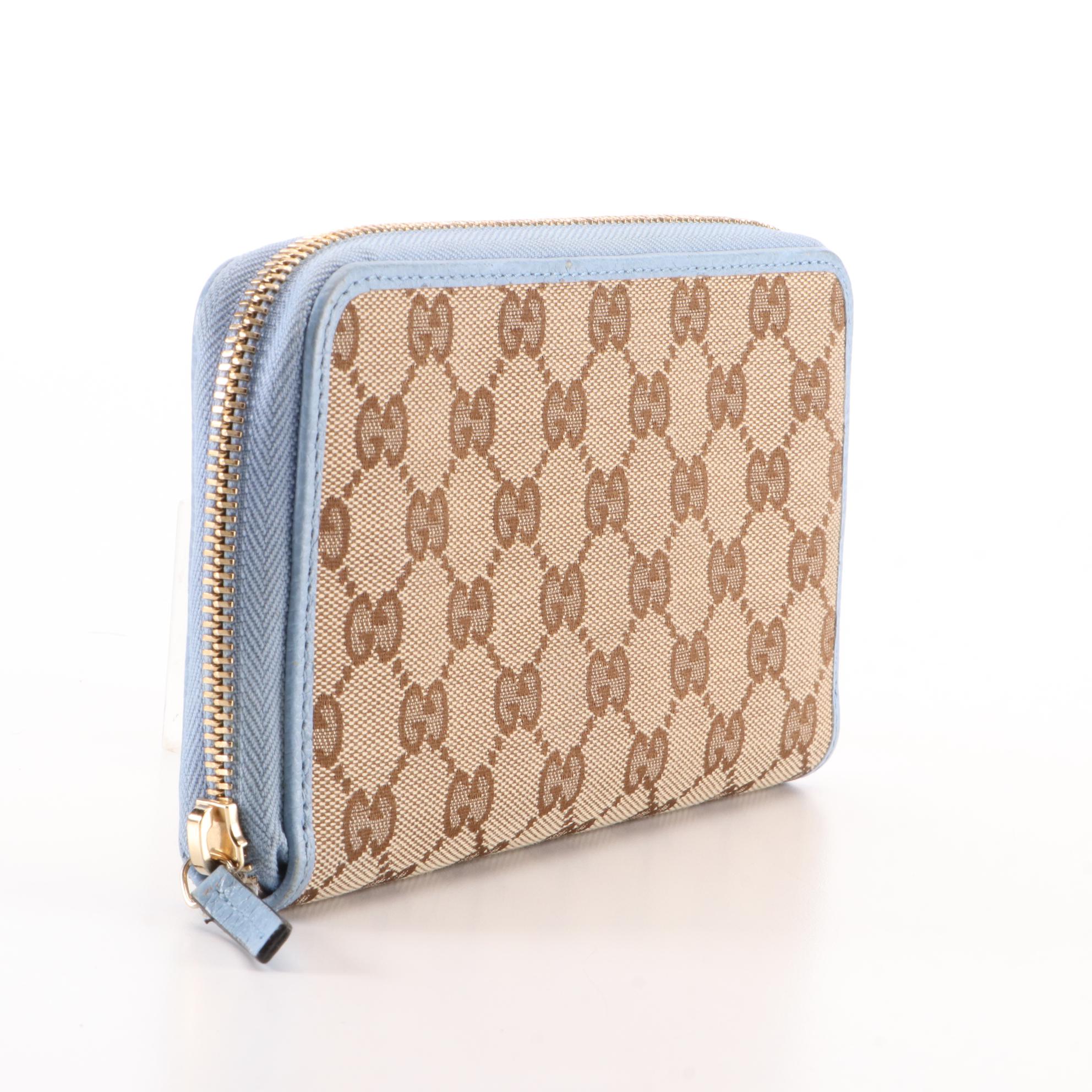 Gucci Zip-Around Continental Wallet in GG Canvas and Blue Leather with Box