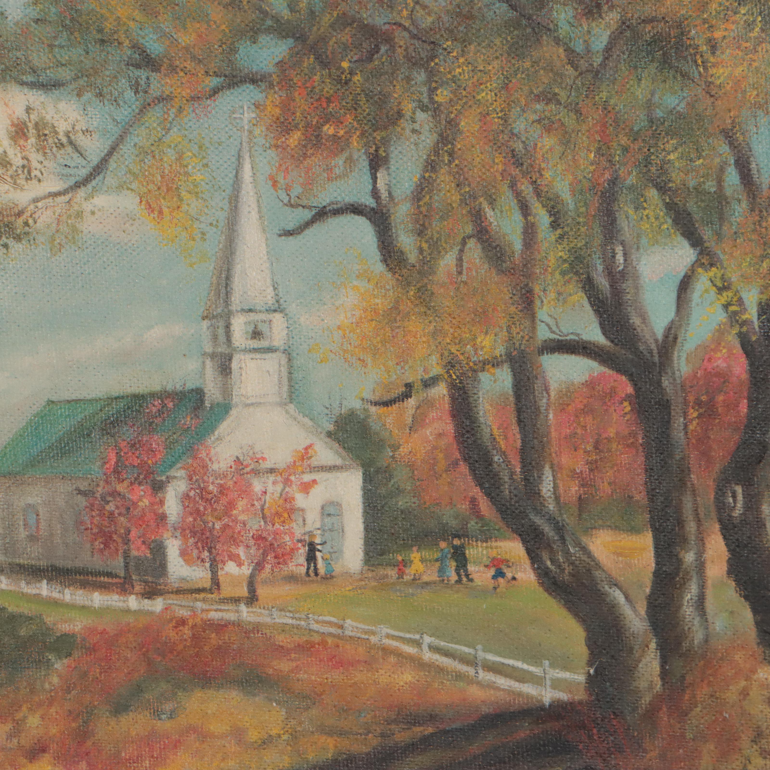 Hannah Childs Oil Painting "Church on the Hill / Skinner Lake, Michigan," 1955