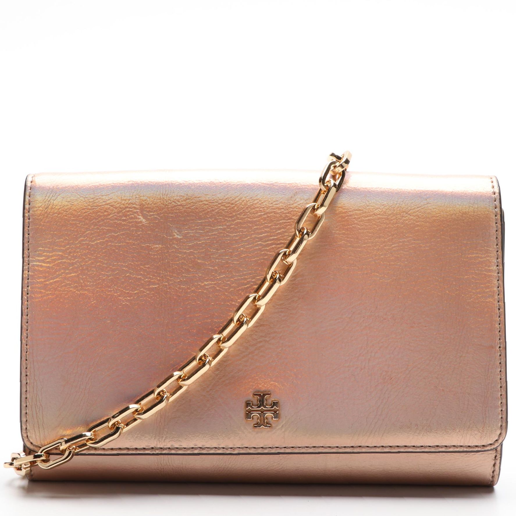Tory Burch Wallet on Chain in Metallic Finish Leather