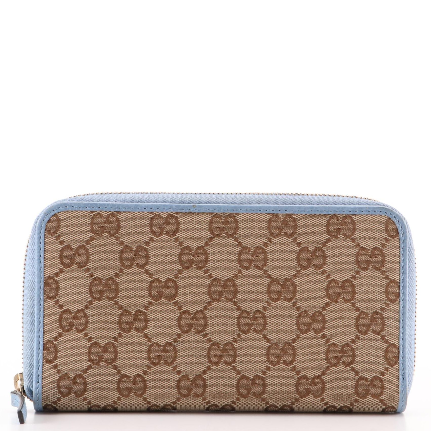 Gucci Zip-Around Continental Wallet in GG Canvas and Blue Leather with Box