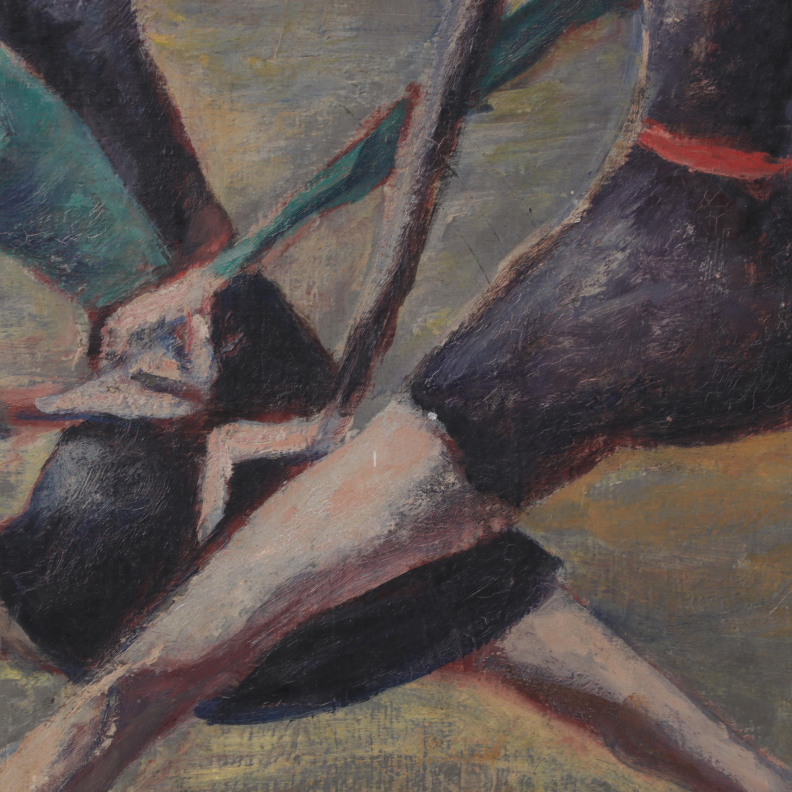 Modernist Figural Oil Painting of Two Redheaded Dancers, Circa 1960