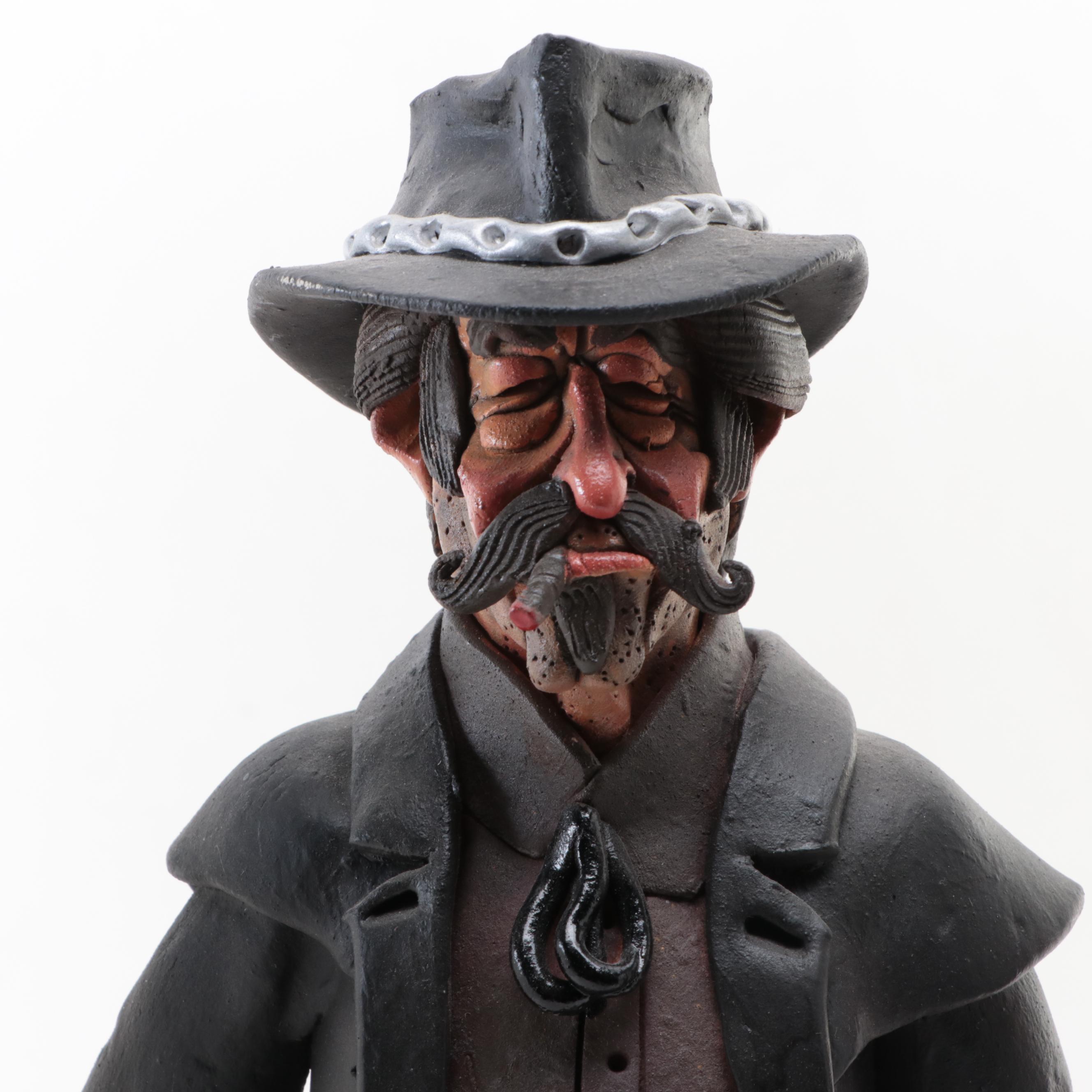 Rex Benson Signed Ceramic Cowboy Sculpture with Other Cowboy Sculpture
