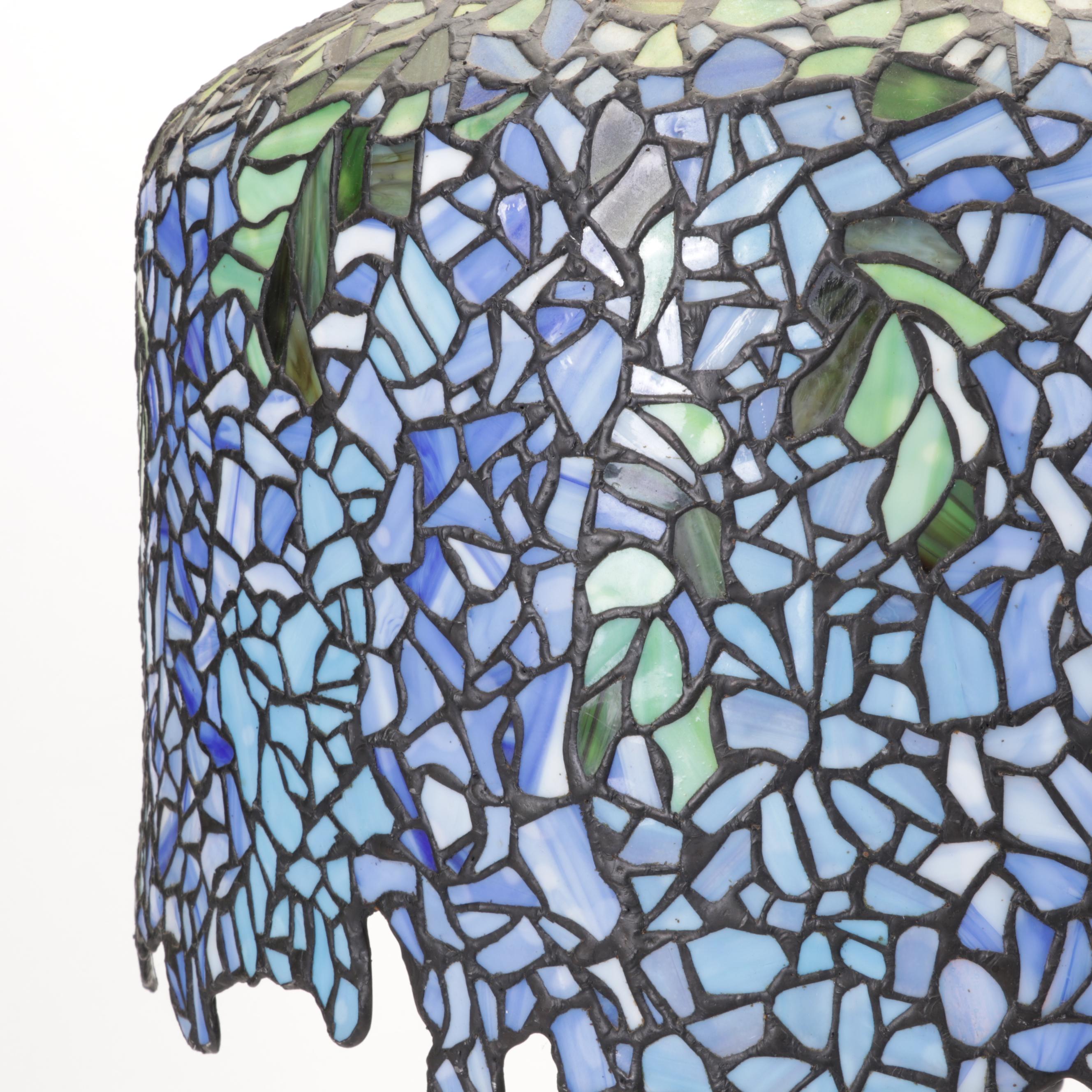Art Nouveau Style Wisteria Slag Glass Shade and Pressed Metal Table Lamp