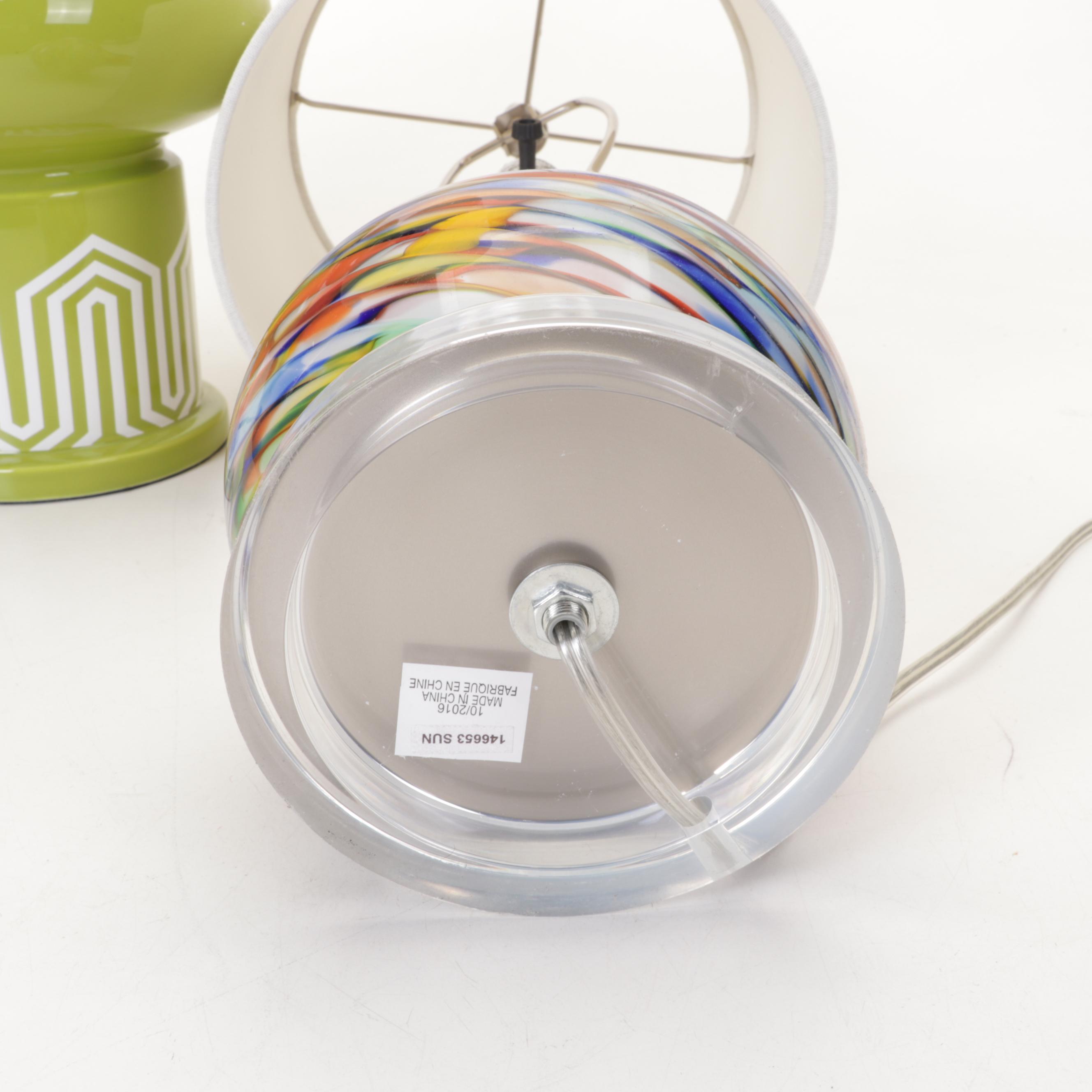 Happy Chic by Jonathan Adler Green Ceramic Lamp and Confetti Glass Table Lamp