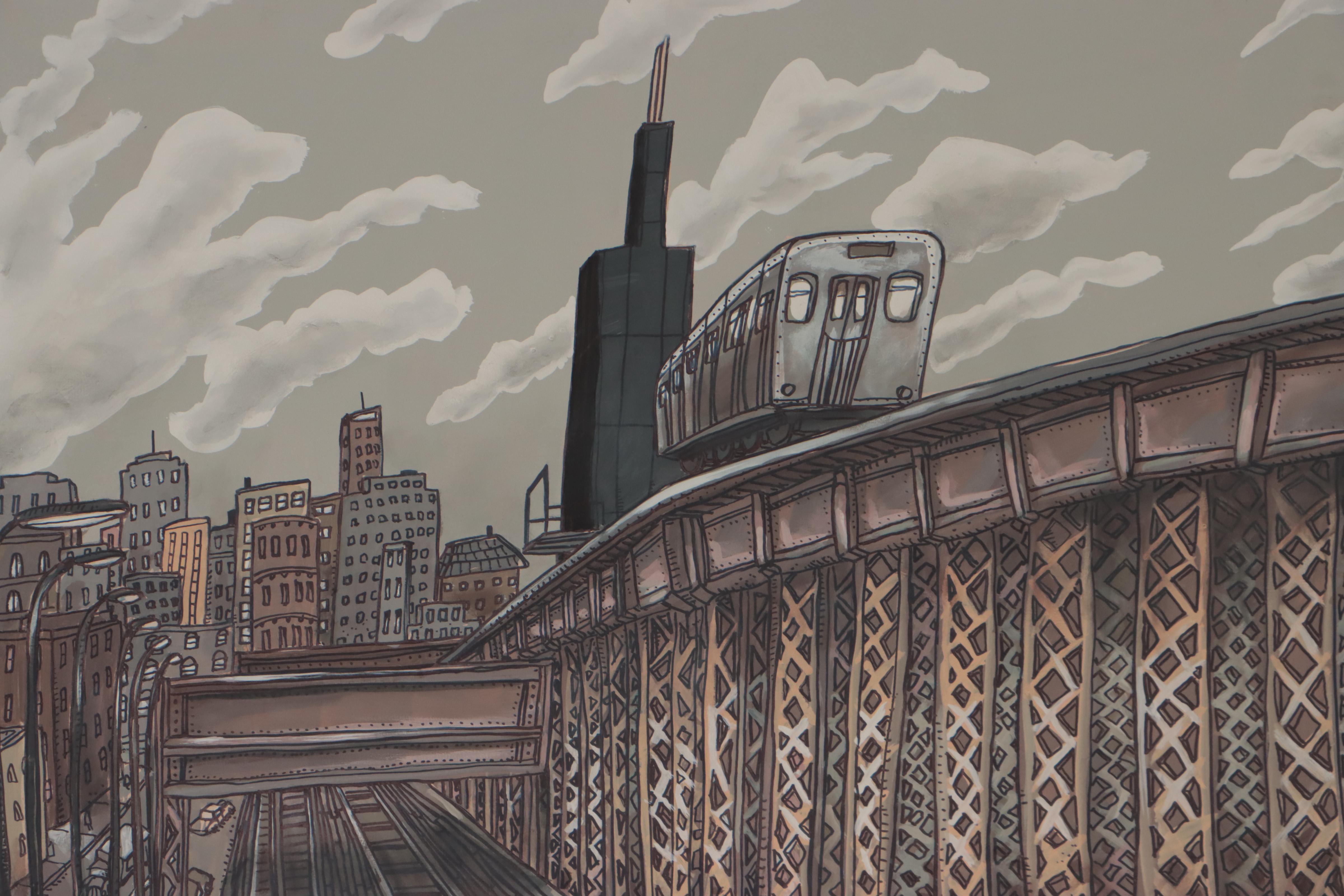 Aaron Wooten Cityscape Acrylic Painting "The Green Line," 2022