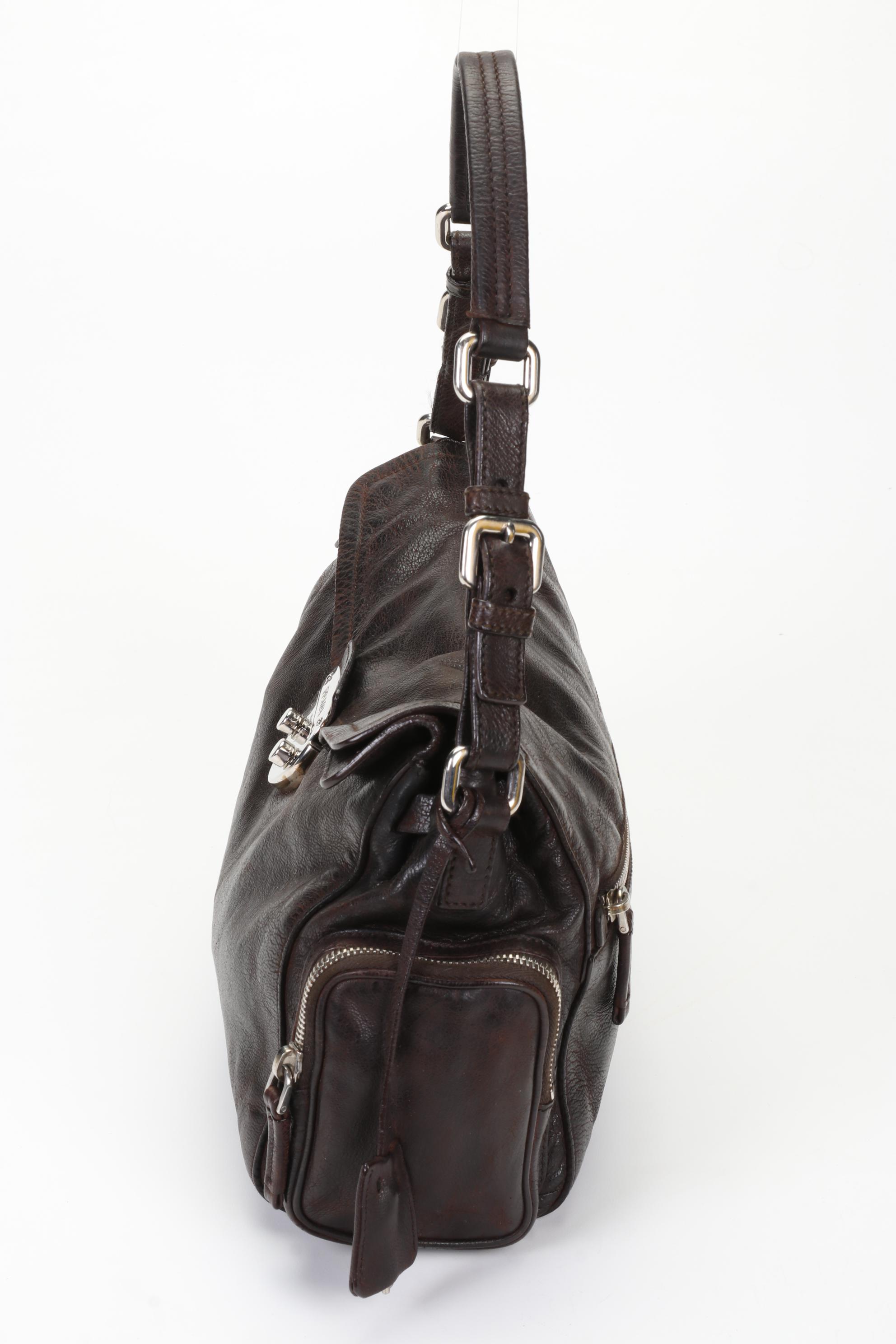 Prada Vitello Easy Satchel in Brown Lambskin Leather