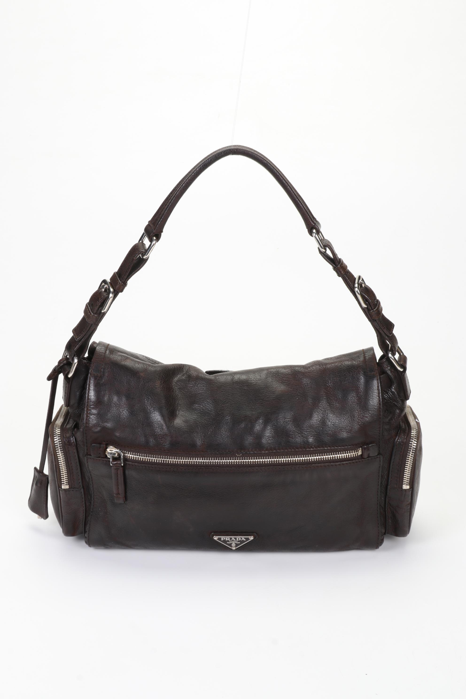 Prada Vitello Easy Satchel in Brown Lambskin Leather