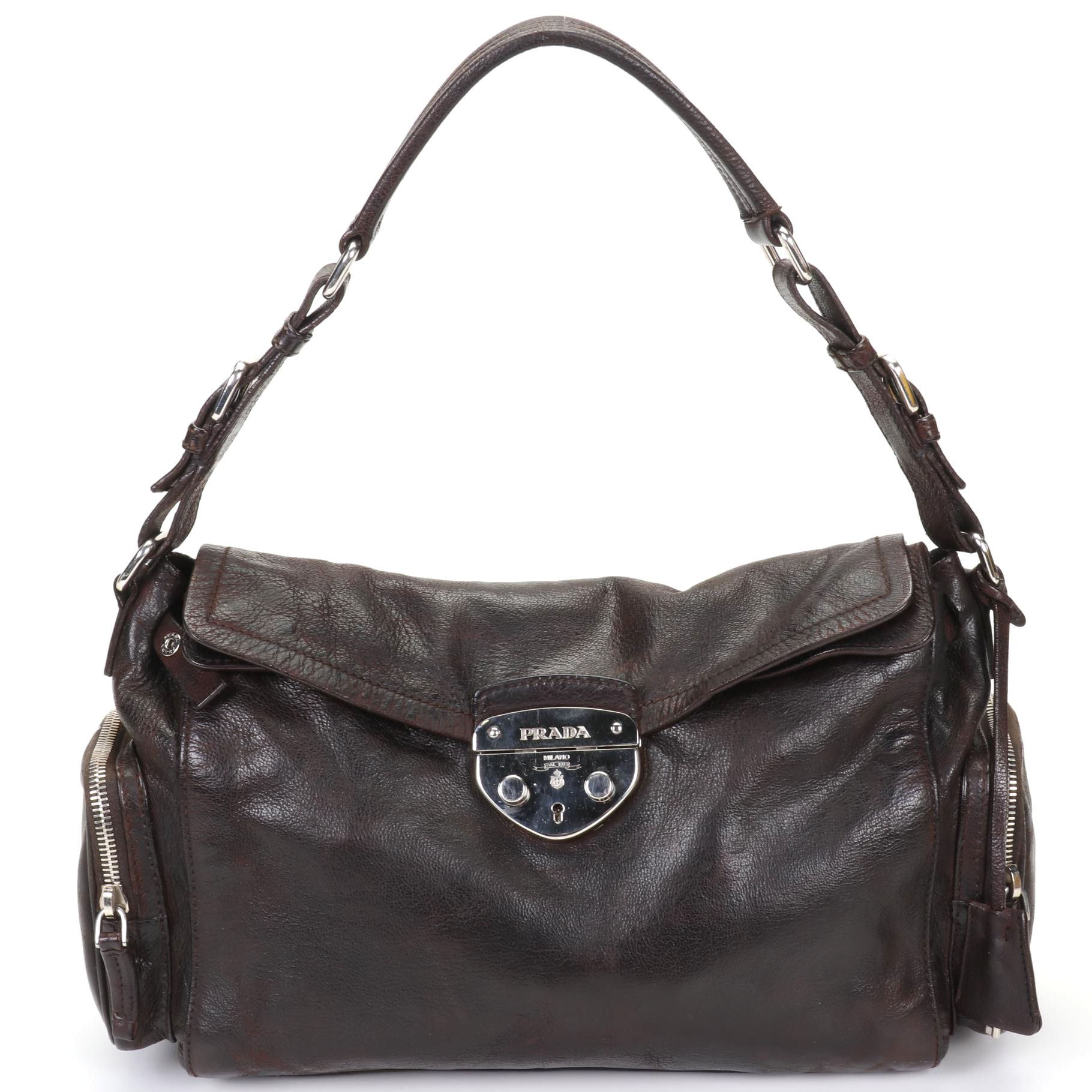 Prada Vitello Easy Satchel in Brown Lambskin Leather