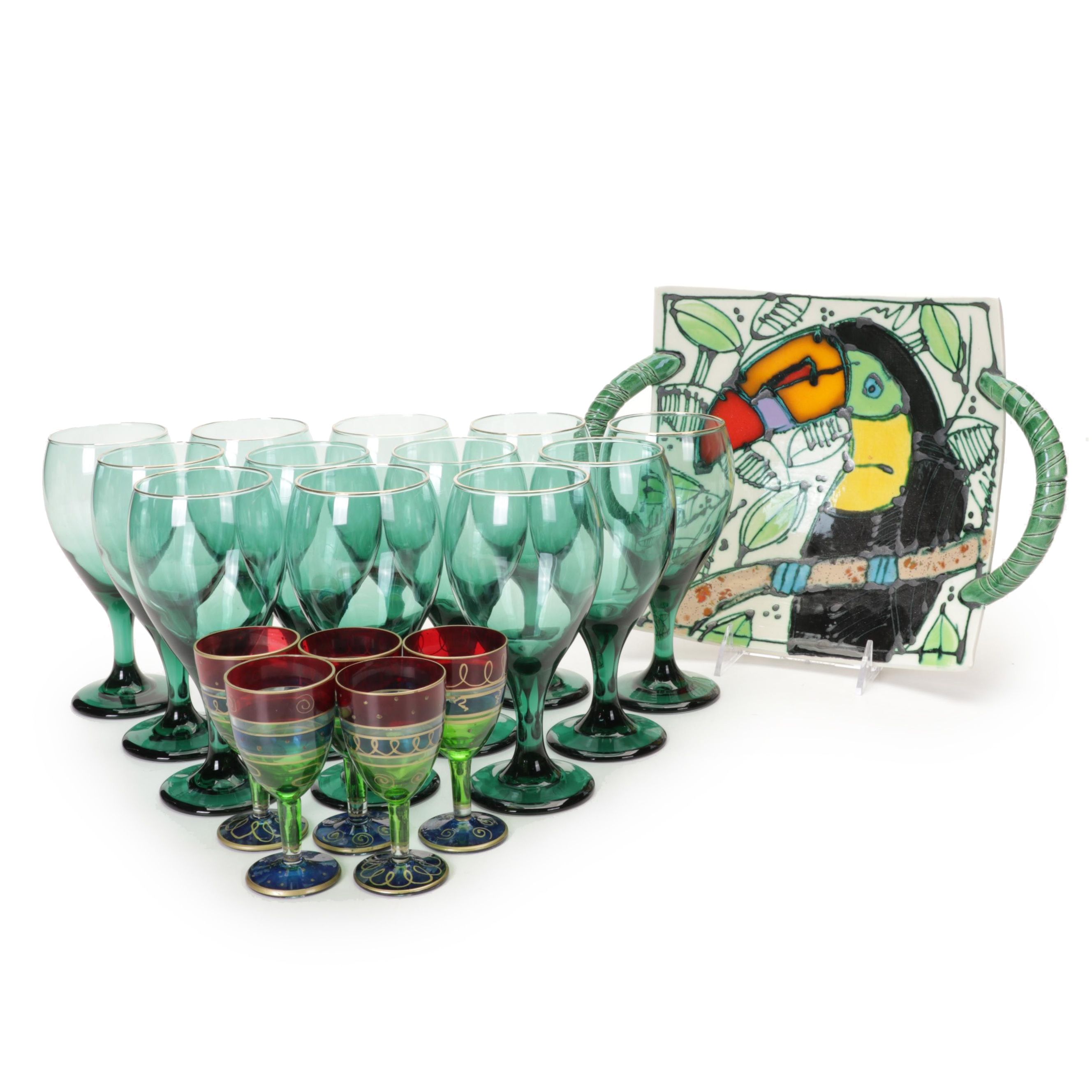 Libbey "Teardrop Juniper" Wine Glasses with Other Cordial Glasses and Platter