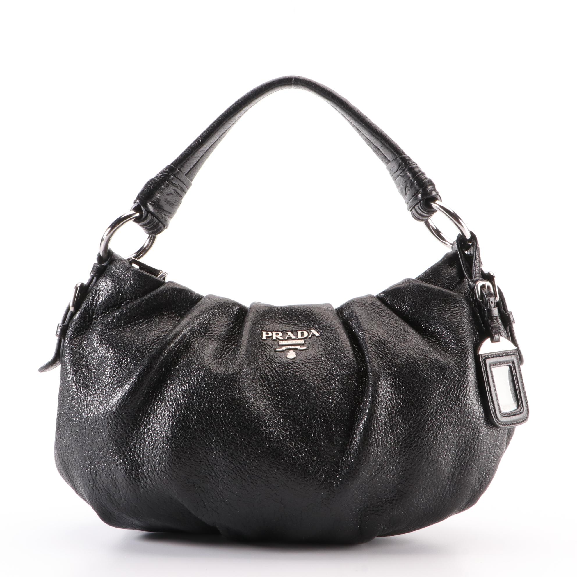Prada Small Zip Shoulder Bag in Metallic-Tone Black Cervo Lux Deerskin Leather