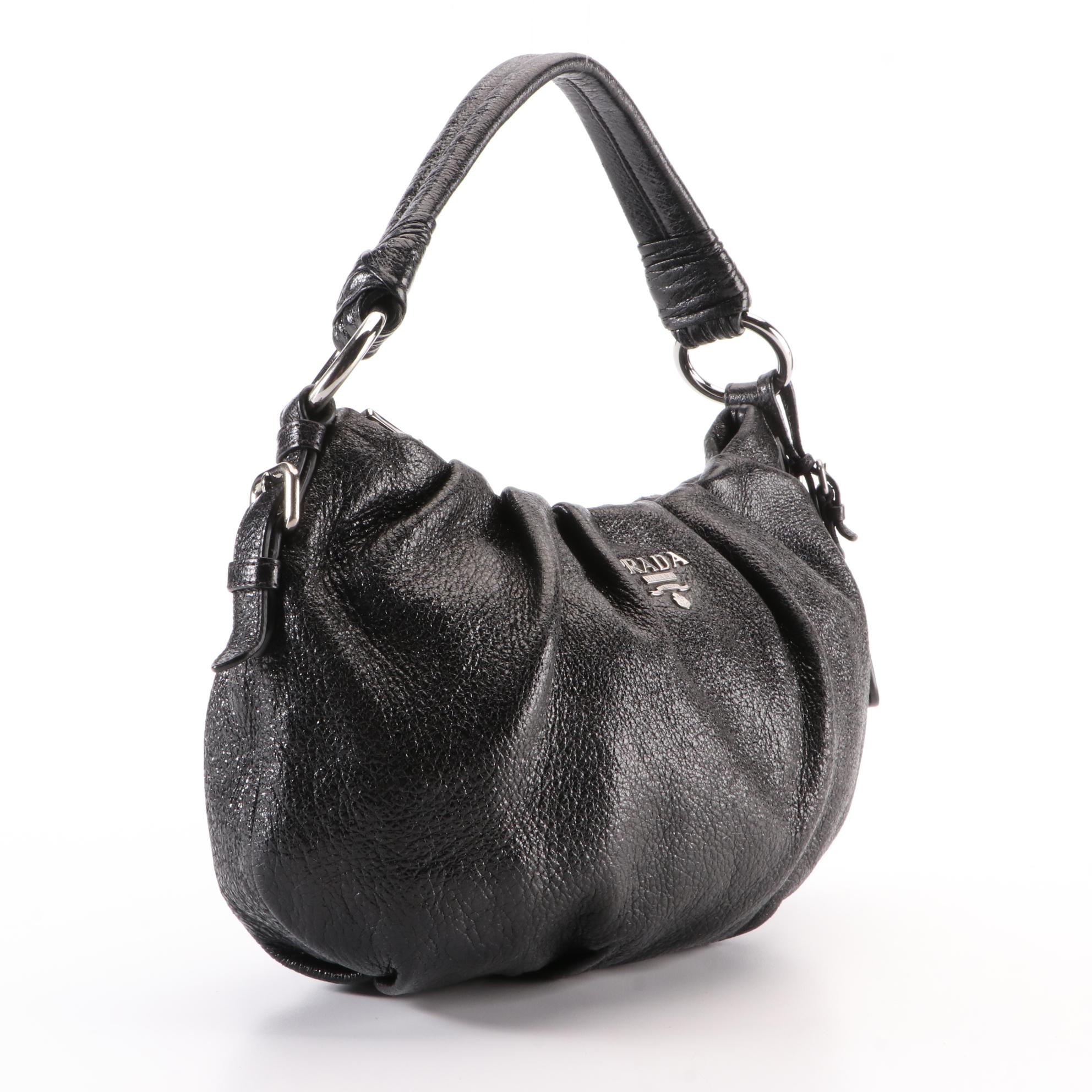 Prada Small Zip Shoulder Bag in Metallic-Tone Black Cervo Lux Deerskin Leather