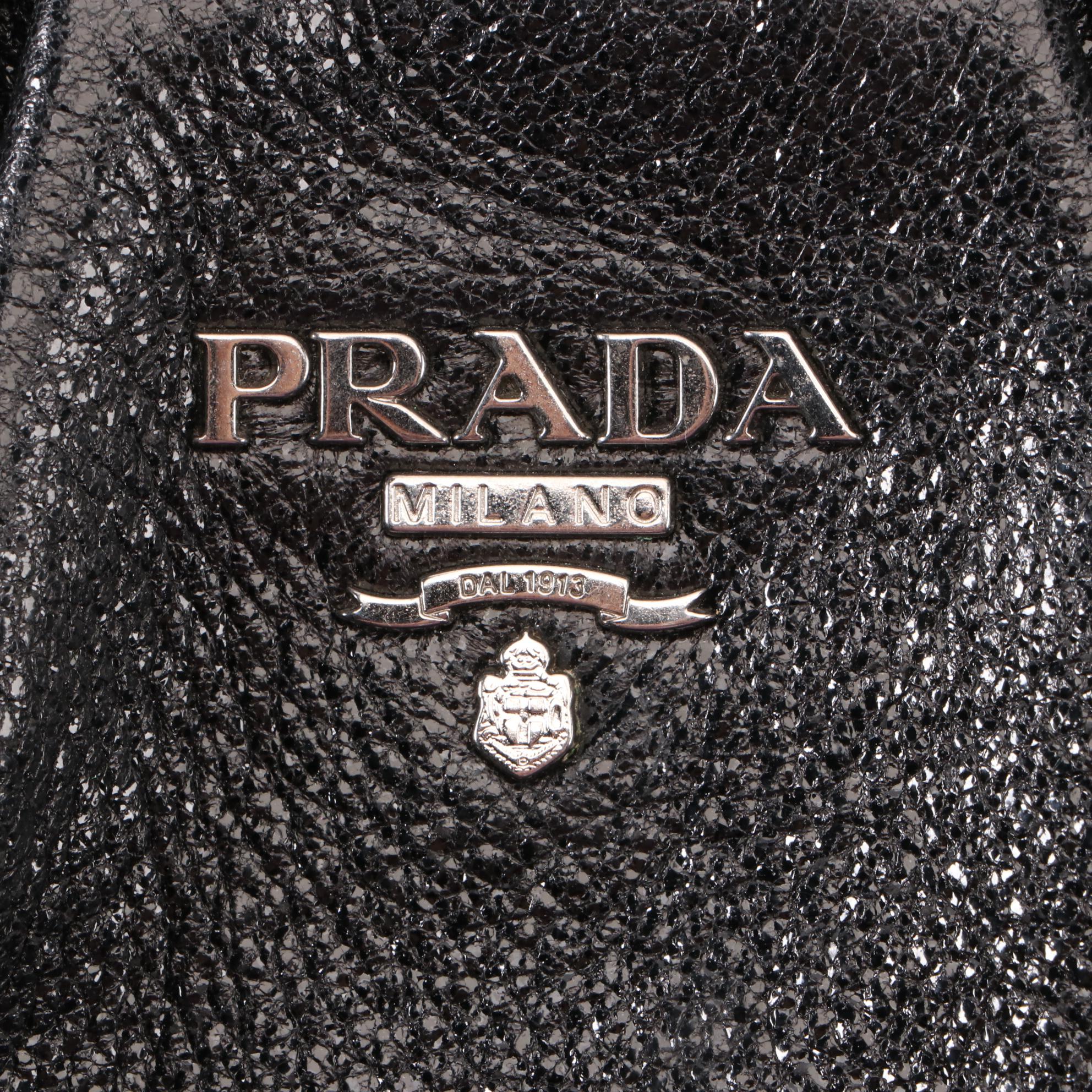 Prada Small Zip Shoulder Bag in Metallic-Tone Black Cervo Lux Deerskin Leather