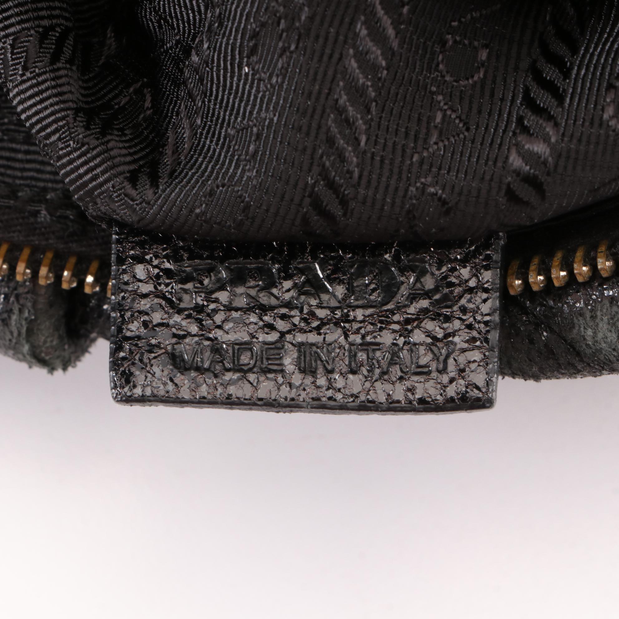 Prada Small Zip Shoulder Bag in Metallic-Tone Black Cervo Lux Deerskin Leather