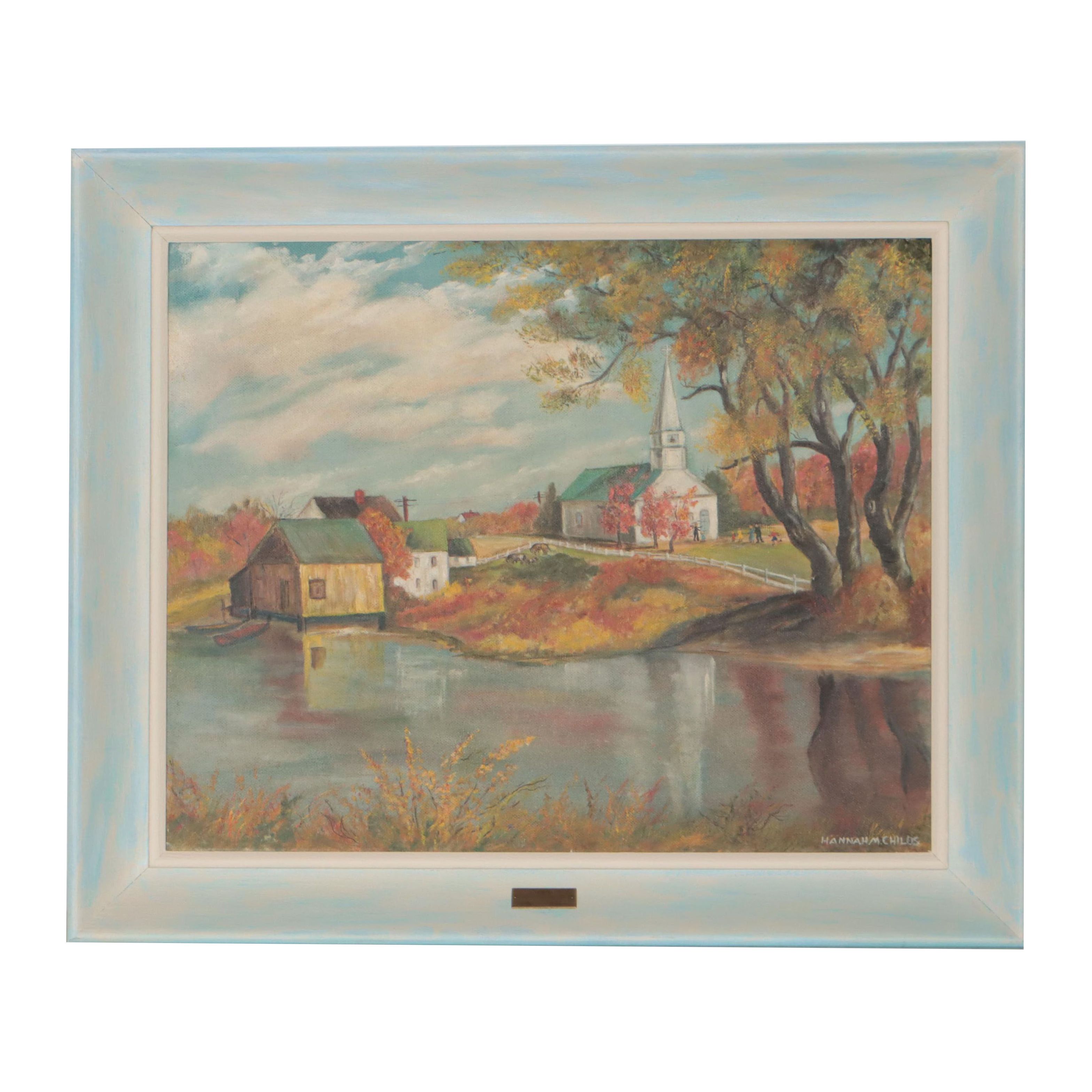 Hannah Childs Oil Painting "Church on the Hill / Skinner Lake, Michigan," 1955