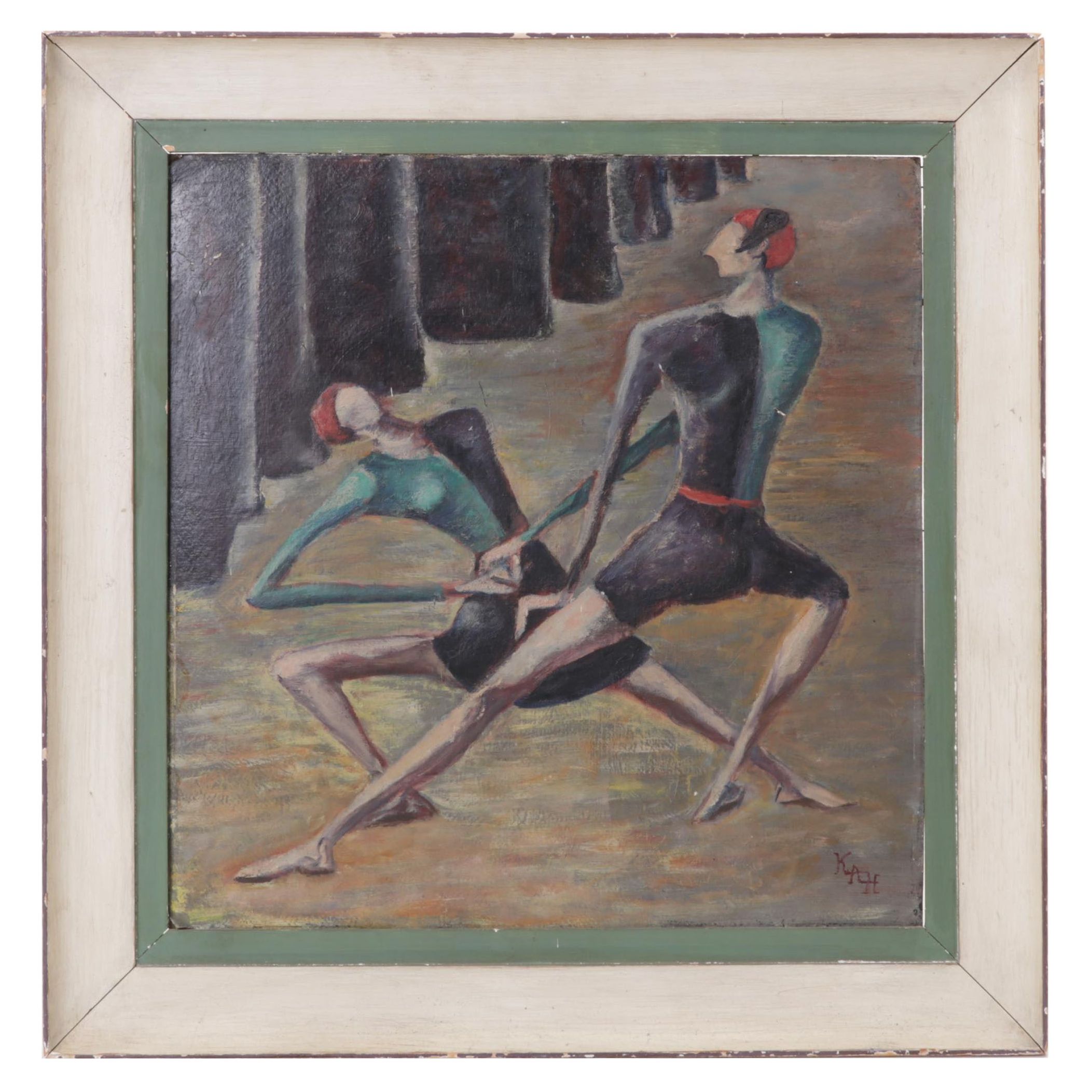 Modernist Figural Oil Painting of Two Redheaded Dancers, Circa 1960