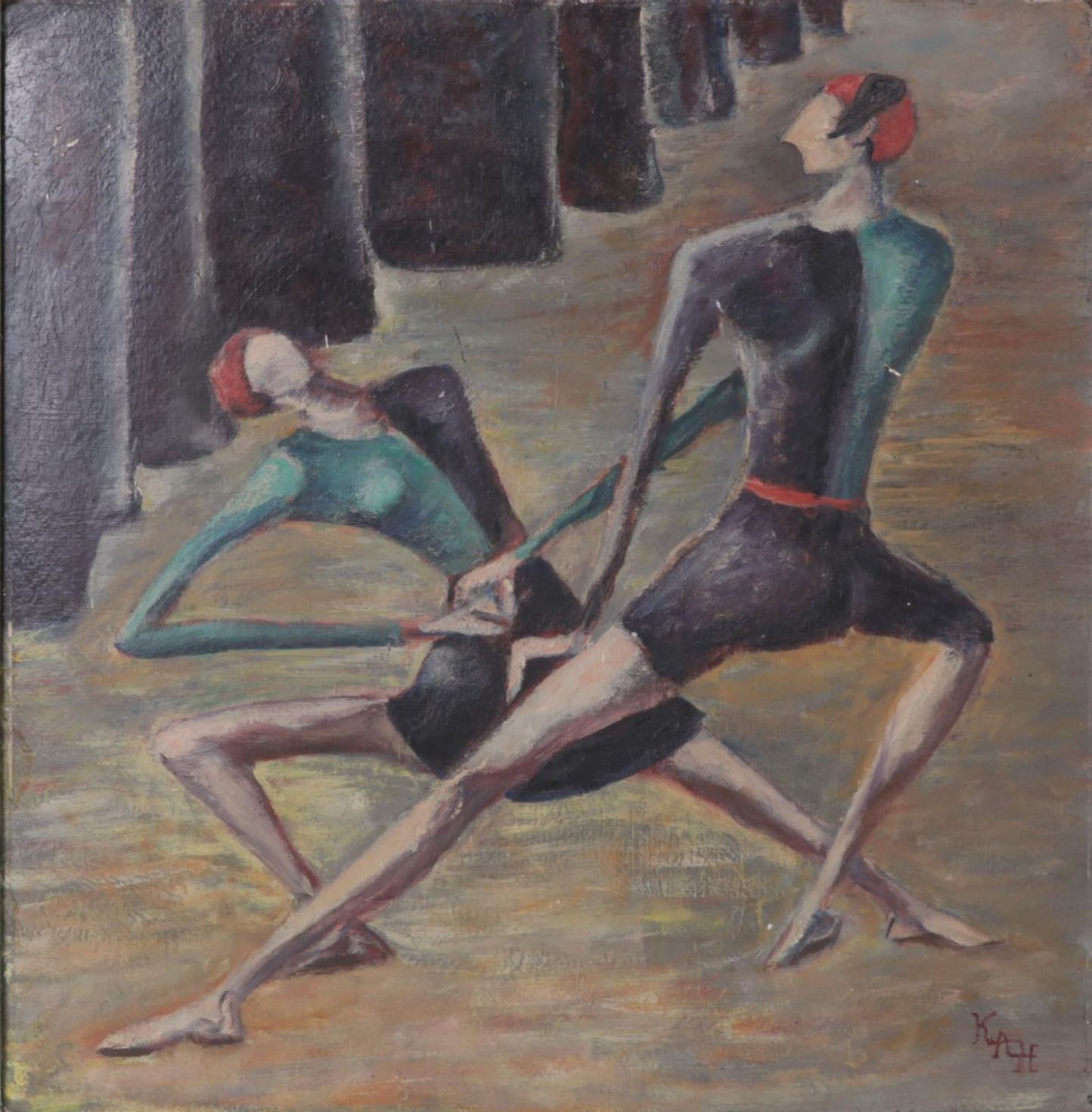 Modernist Figural Oil Painting of Two Redheaded Dancers, Circa 1960