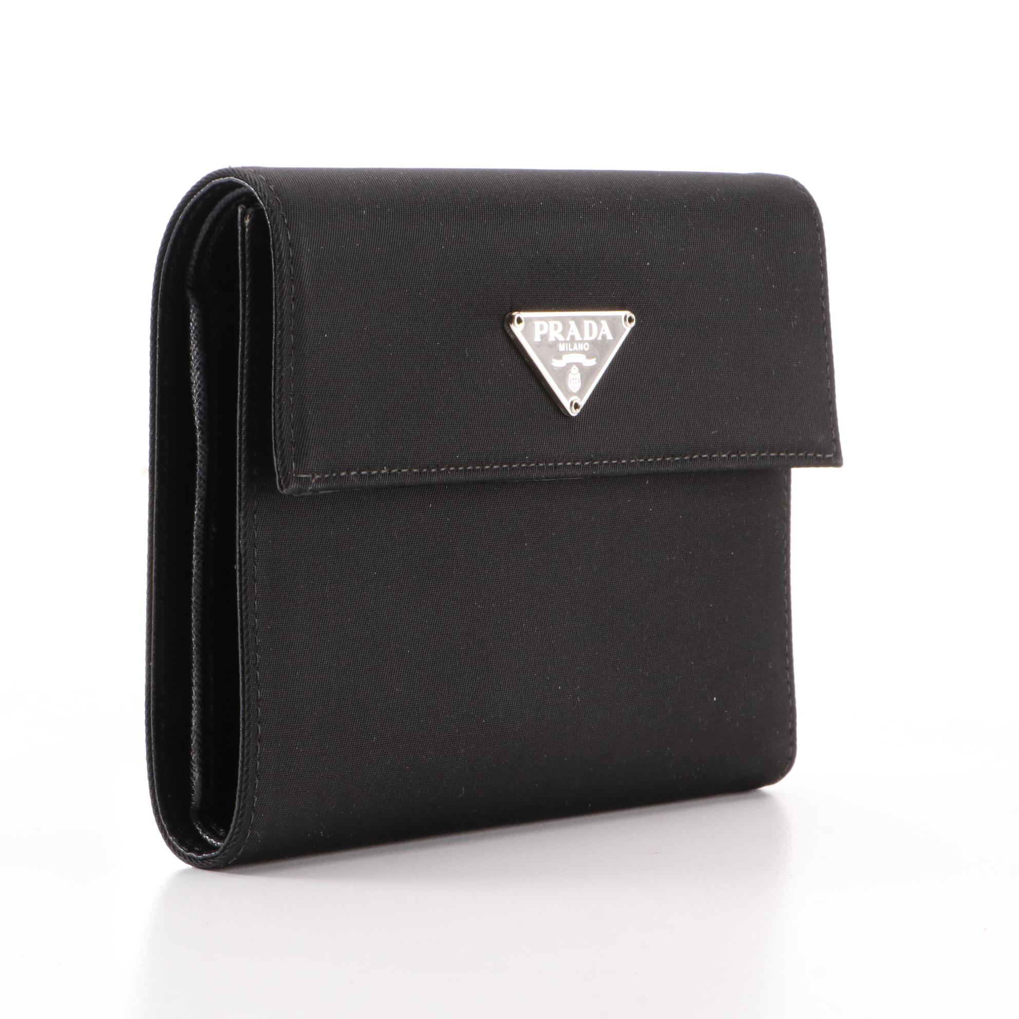 Prada Compact Trifold Wallet in Black Tessuto and Saffiano Leather