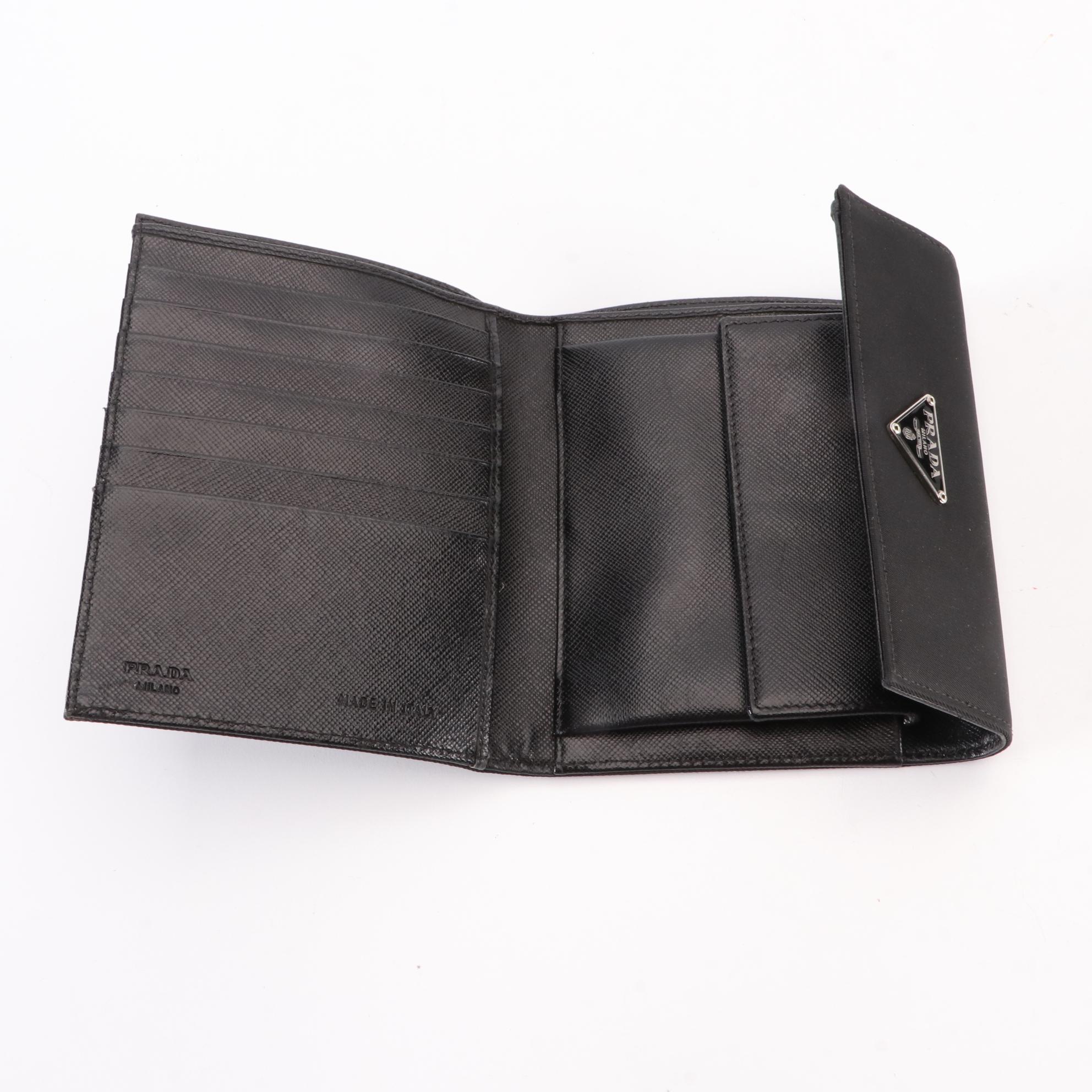 Prada Compact Trifold Wallet in Black Tessuto and Saffiano Leather