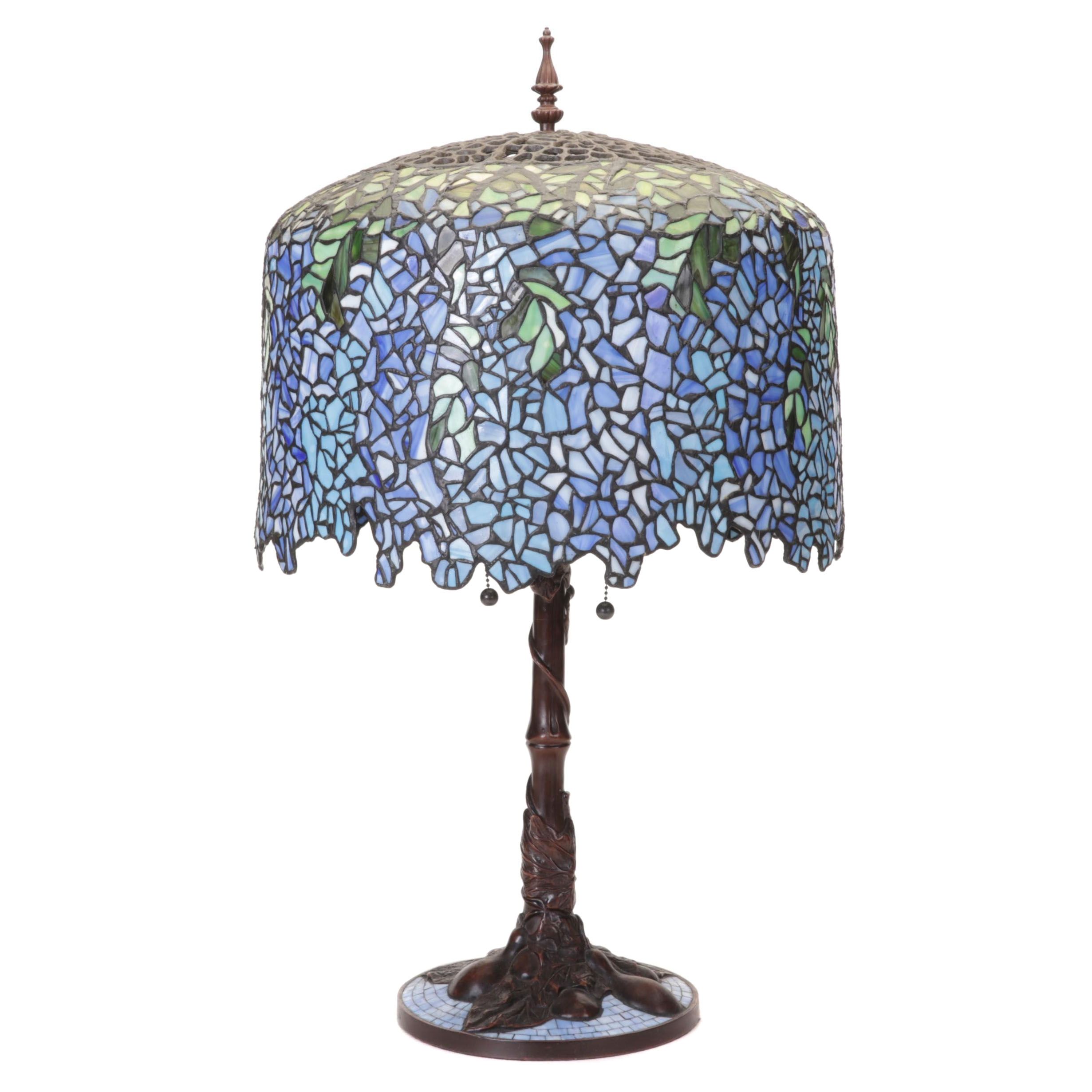 Art Nouveau Style Wisteria Slag Glass Shade and Pressed Metal Table Lamp