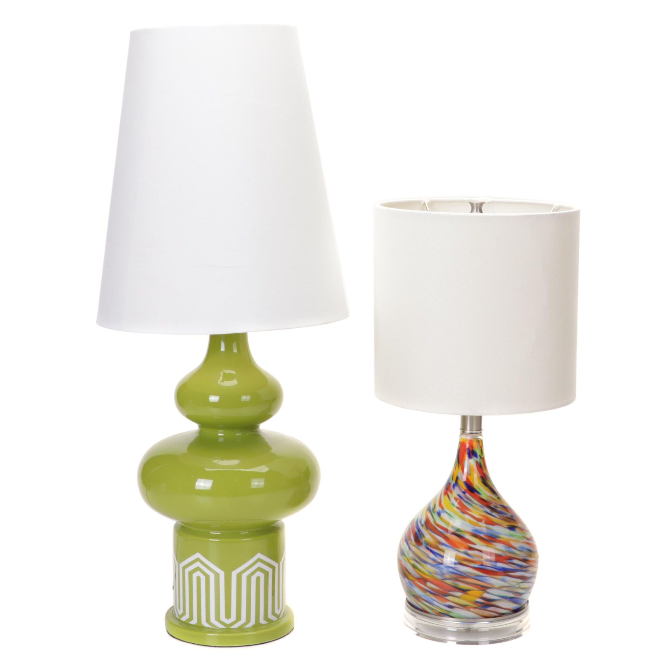 Happy Chic by Jonathan Adler Green Ceramic Lamp and Confetti Glass Table Lamp