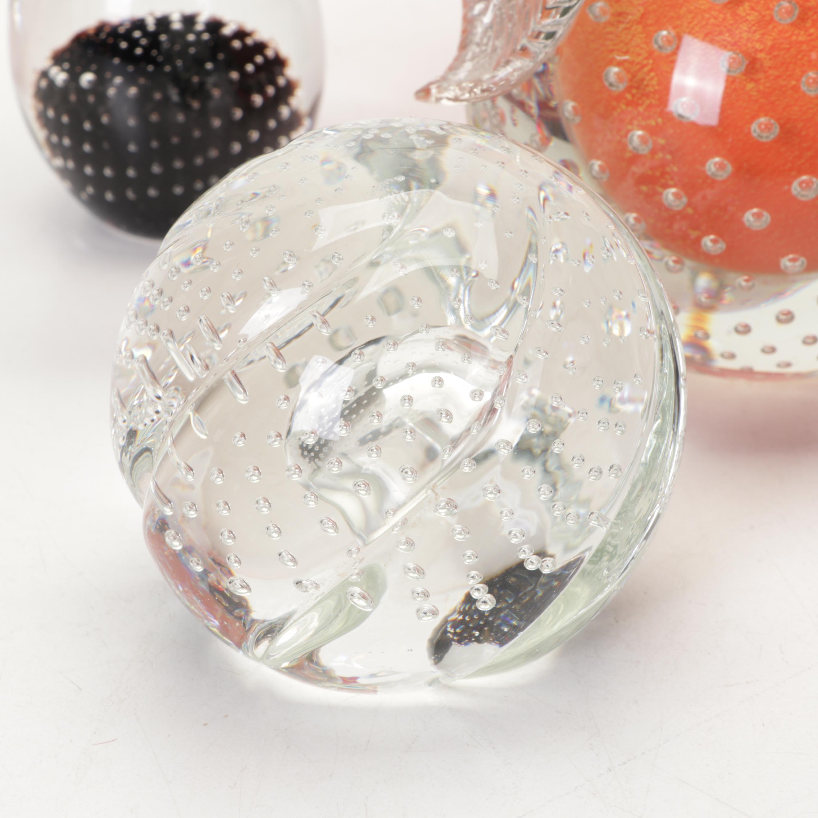 Blown Glass and Crystal Controlled Bubble Paperweights and Pedestal Bowls
