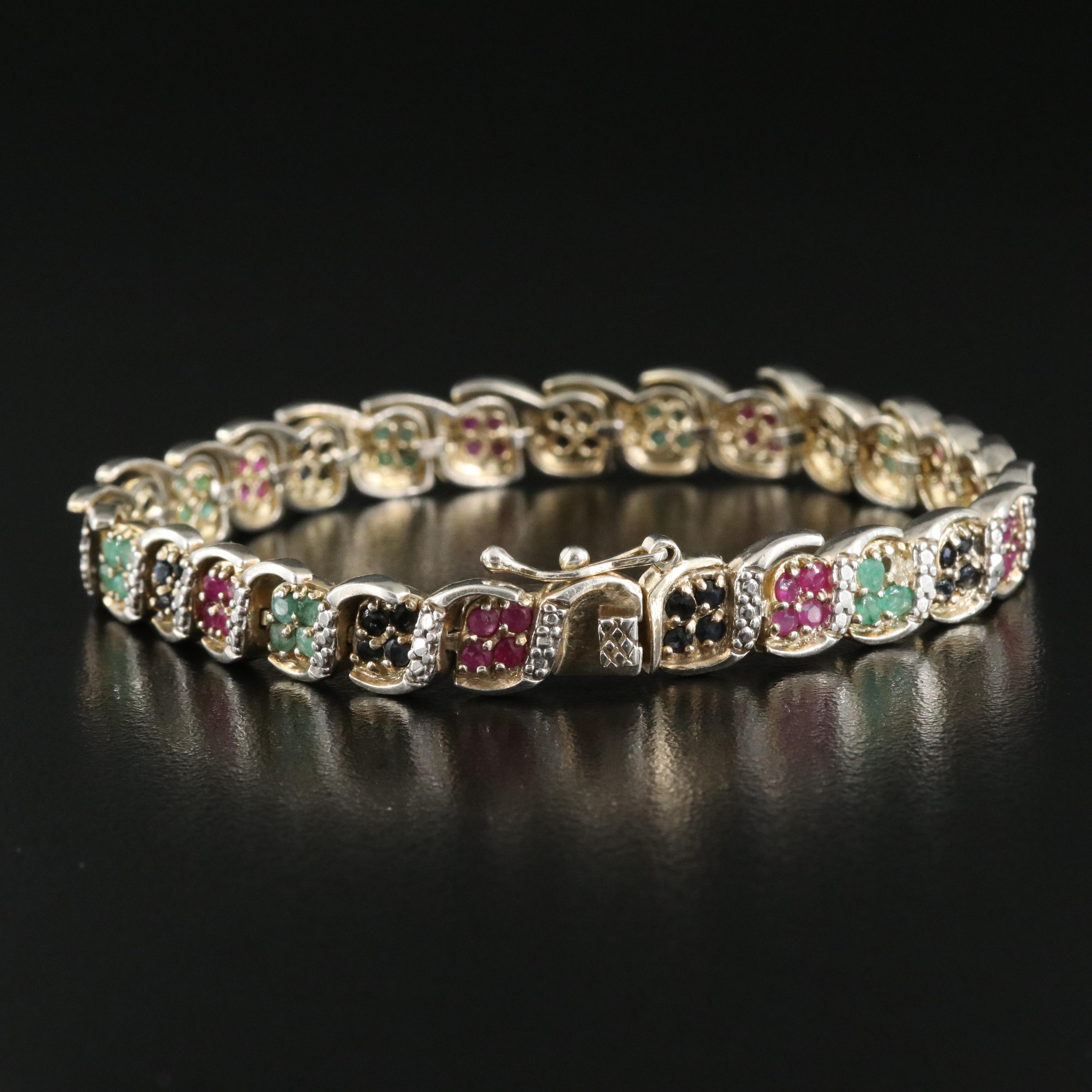 Sterling Sapphire, Emerald and Ruby Line Bracelet