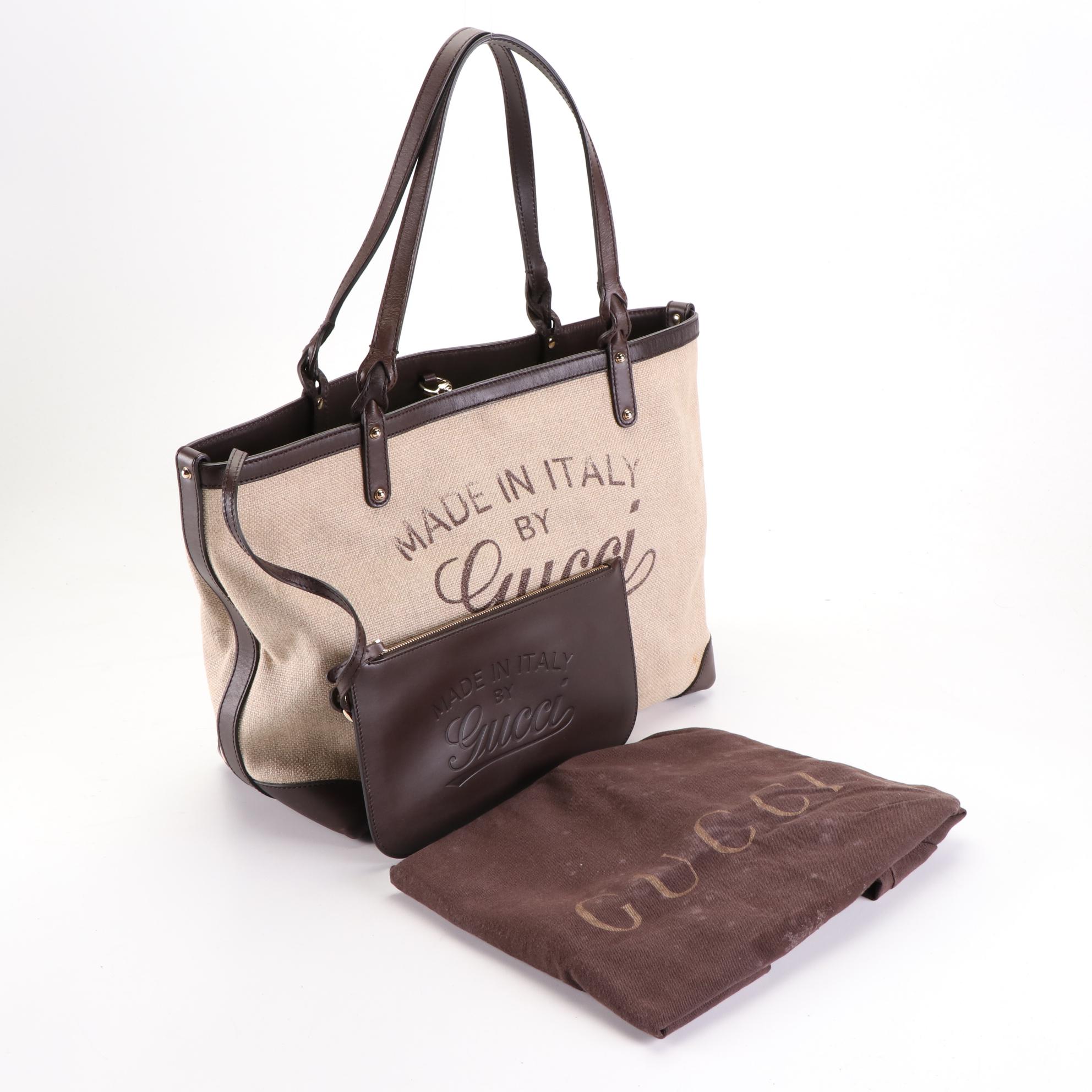 Gucci Tote Bag in Canvas and Brown Leather with Pouch