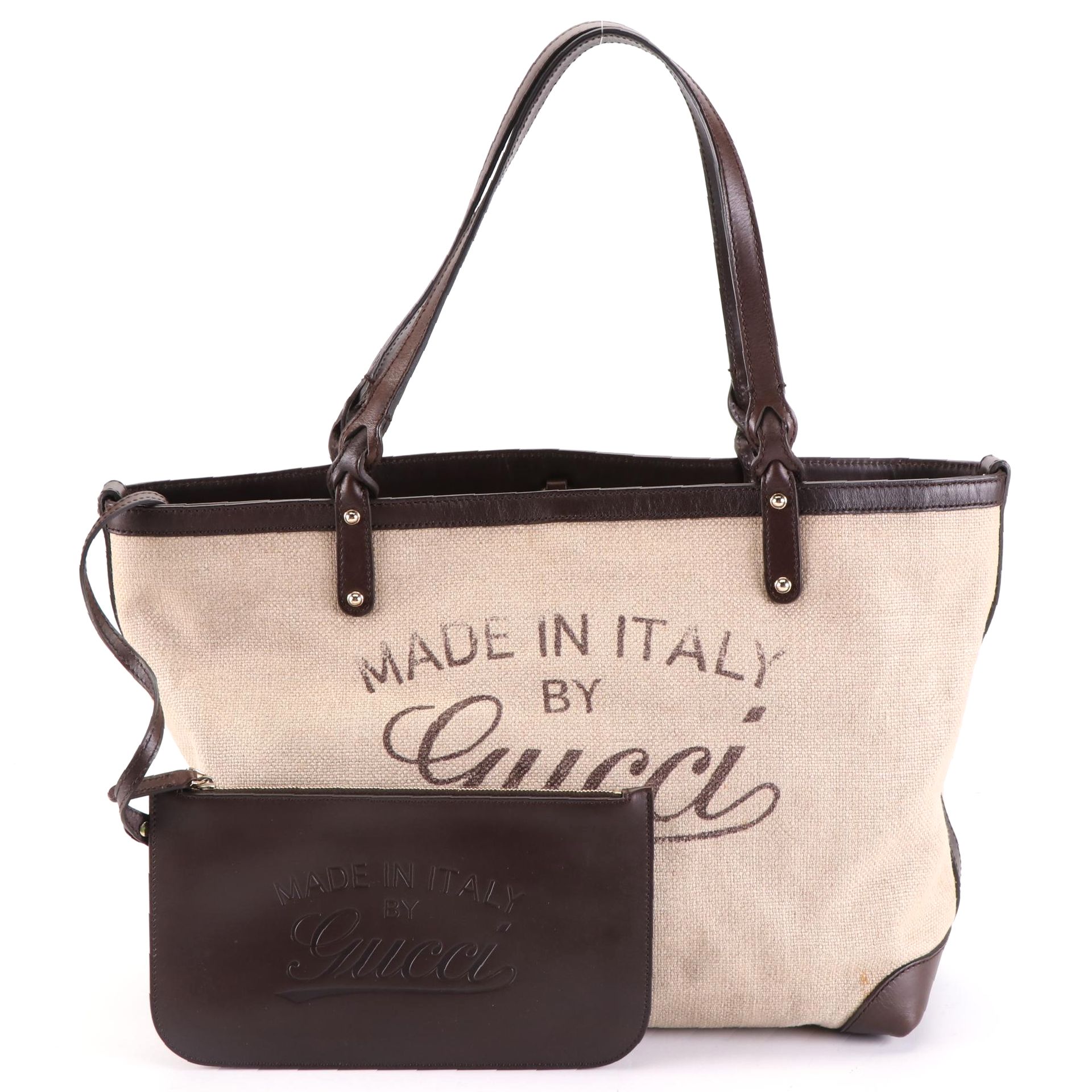 Gucci Tote Bag in Canvas and Brown Leather with Pouch