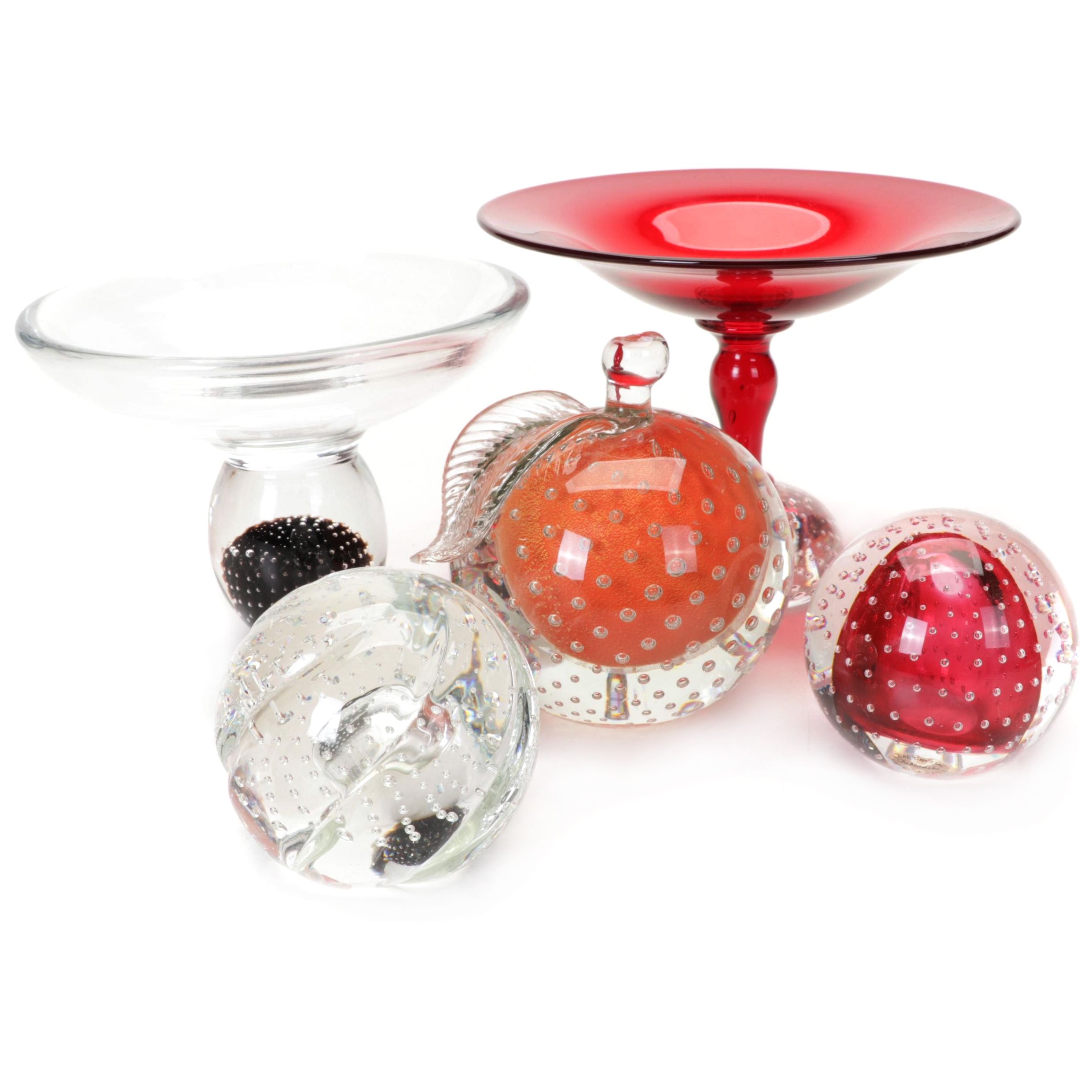 Blown Glass and Crystal Controlled Bubble Paperweights and Pedestal Bowls
