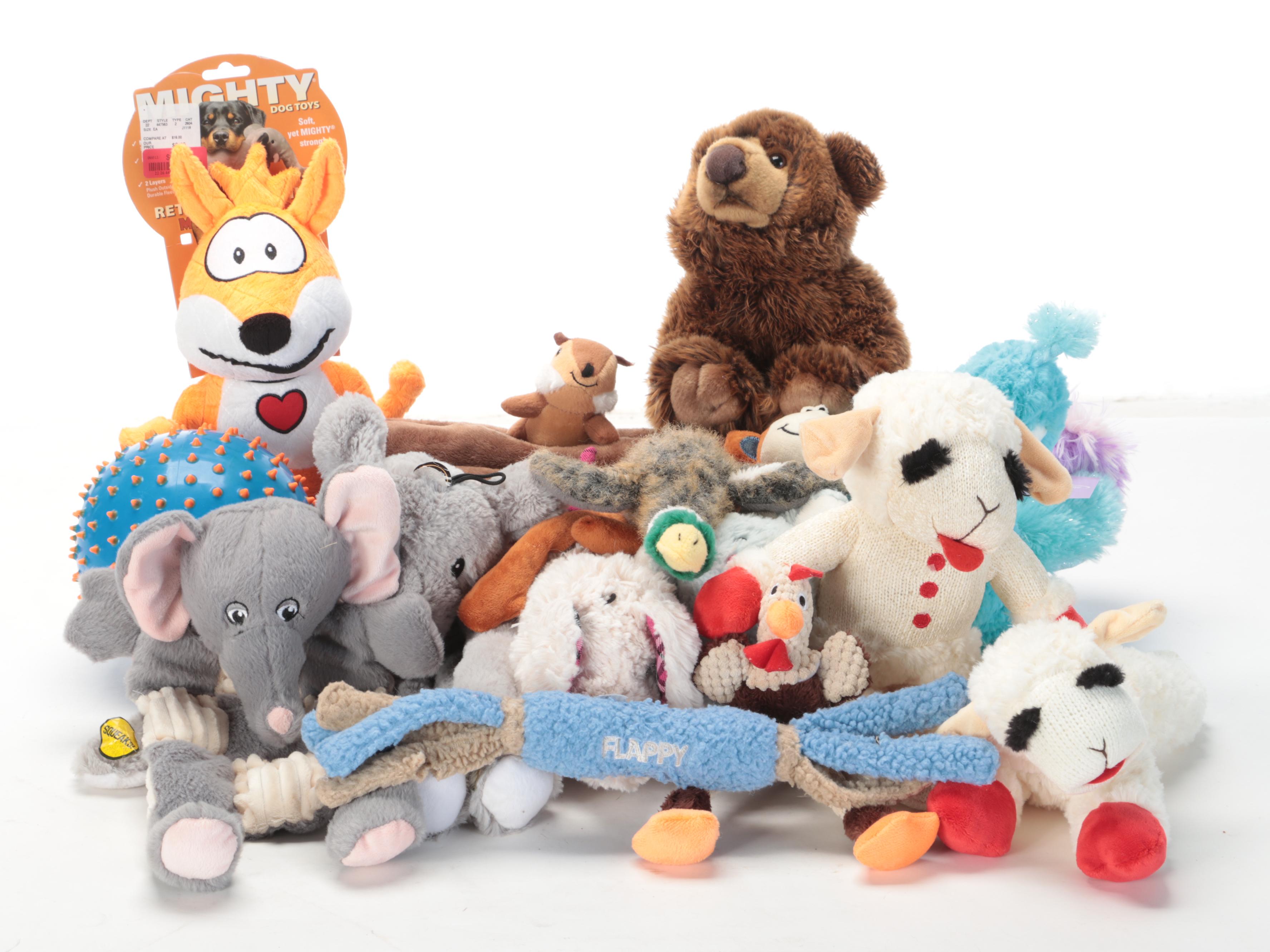 Baskets of Dog Toys, Stuffies, Padded Bed, Feeding Platform and More