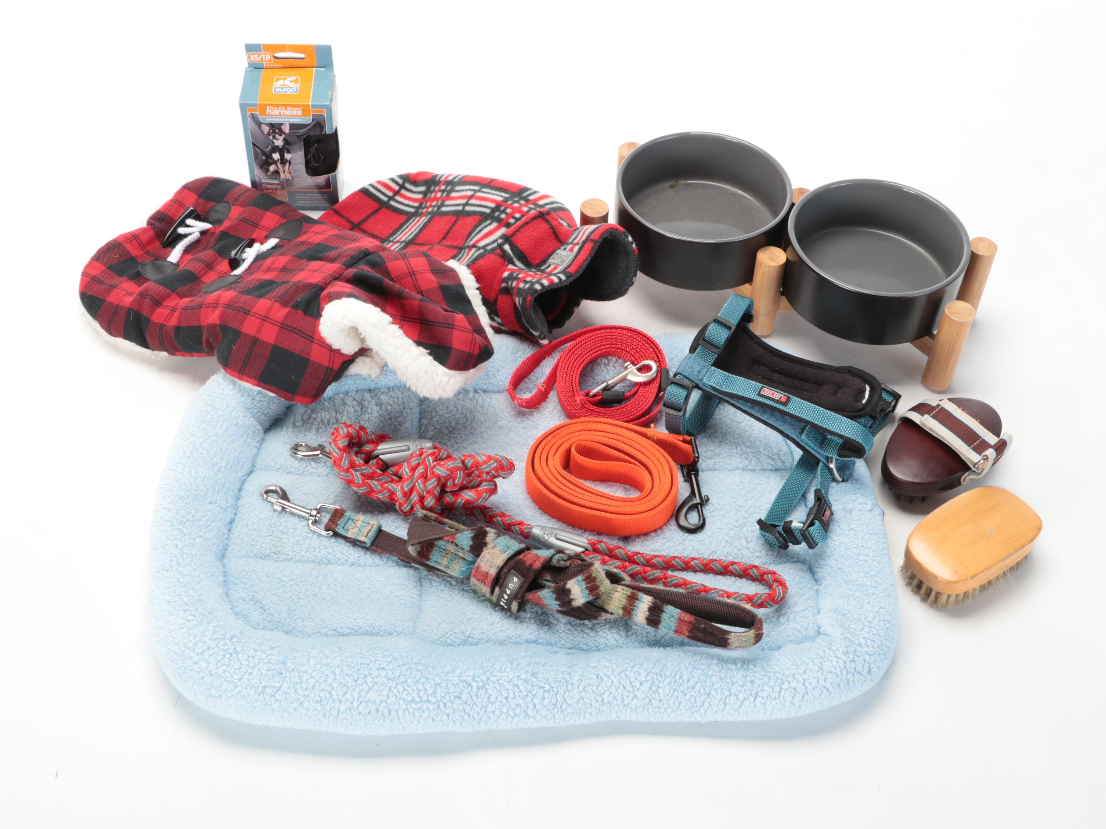 Baskets of Dog Toys, Stuffies, Padded Bed, Feeding Platform and More