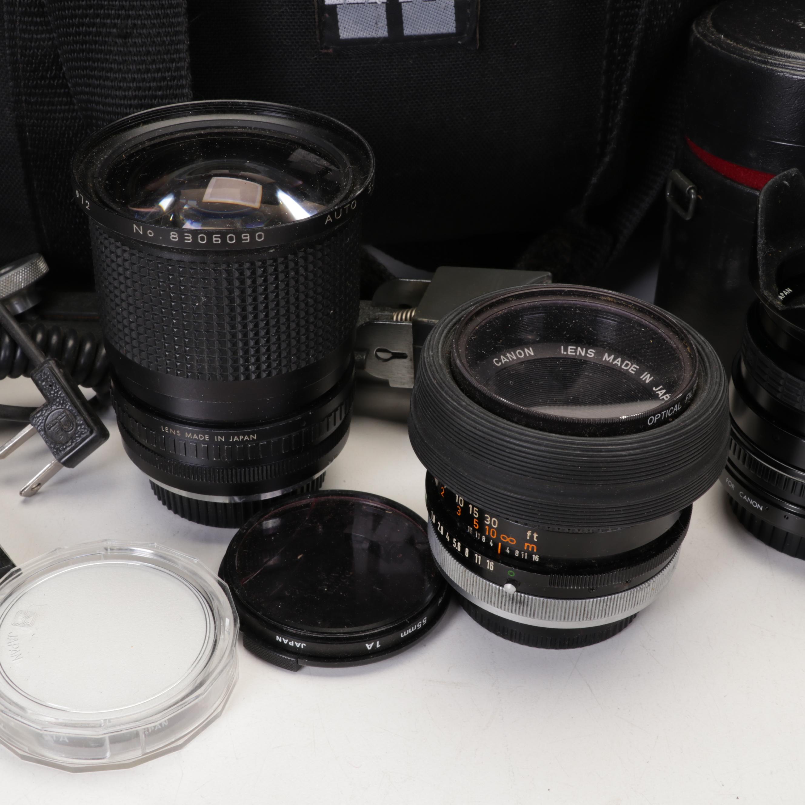 Canon A-1 Camera, Lenses, Kiwi Case, and More Accessories