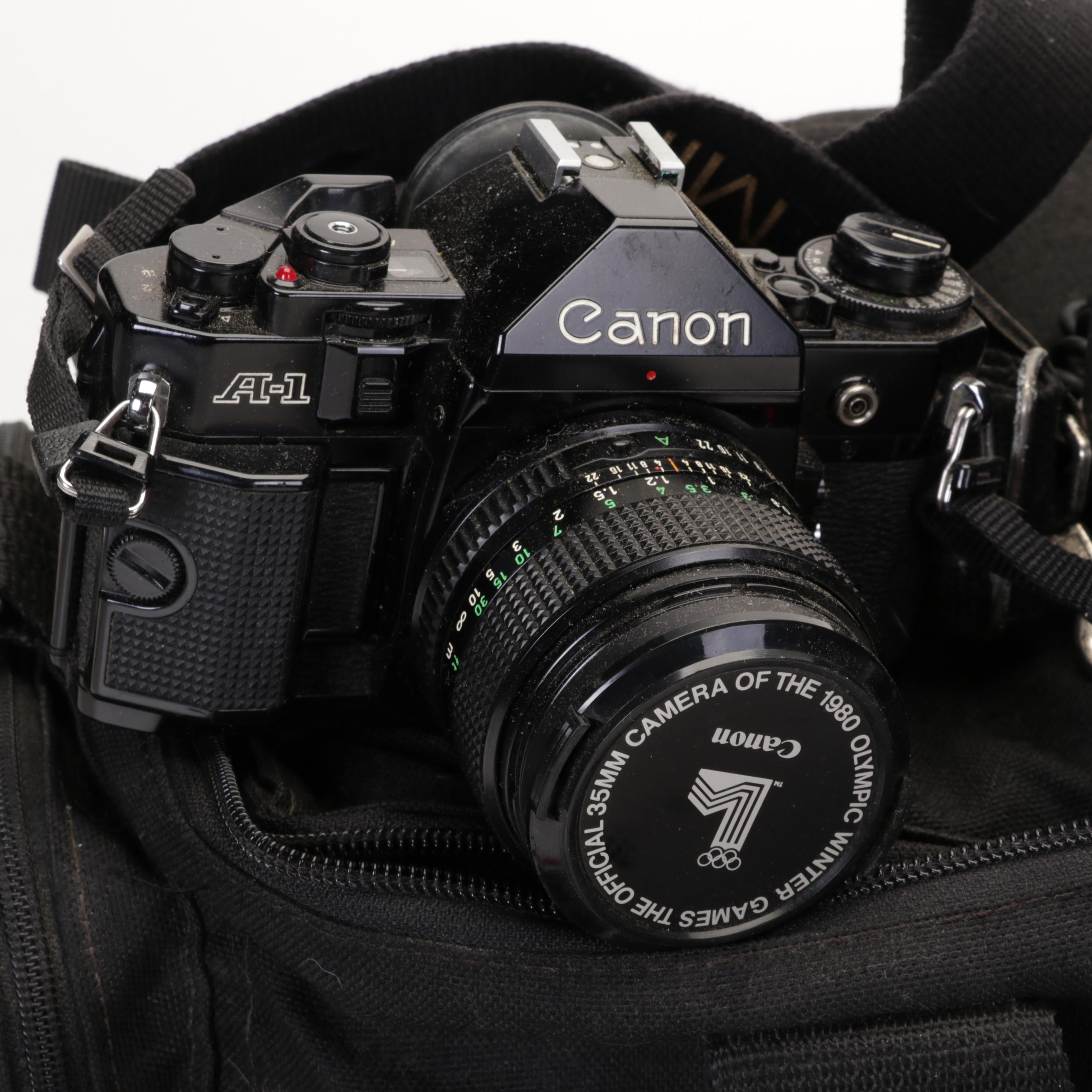 Canon A-1 Camera, Lenses, Kiwi Case, and More Accessories