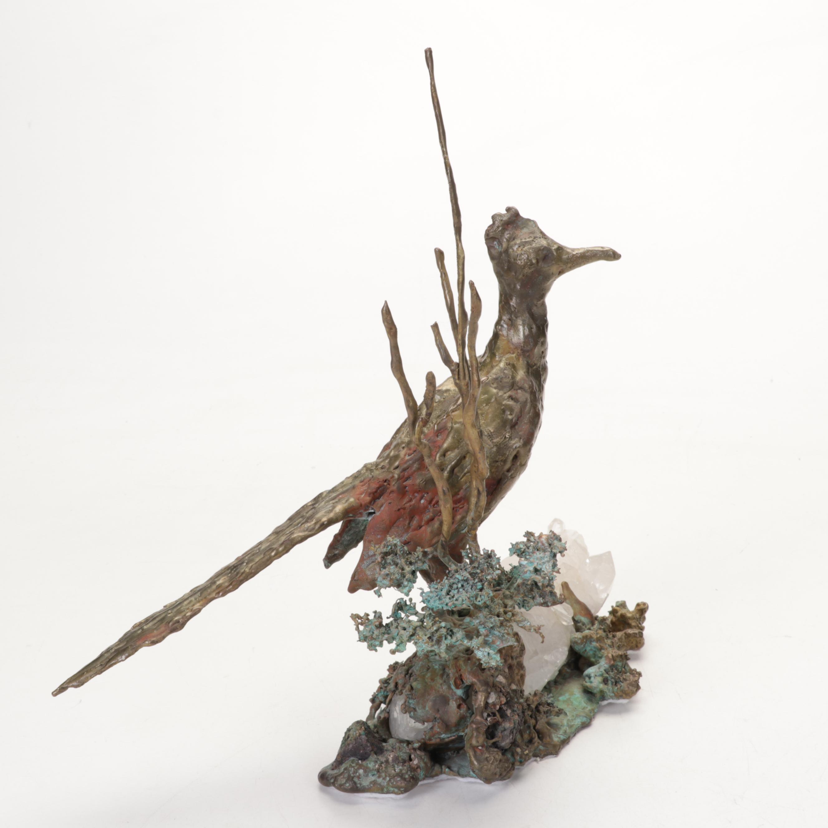 Bronze and Quartz Roadrunner Sculpture, Circa 1970