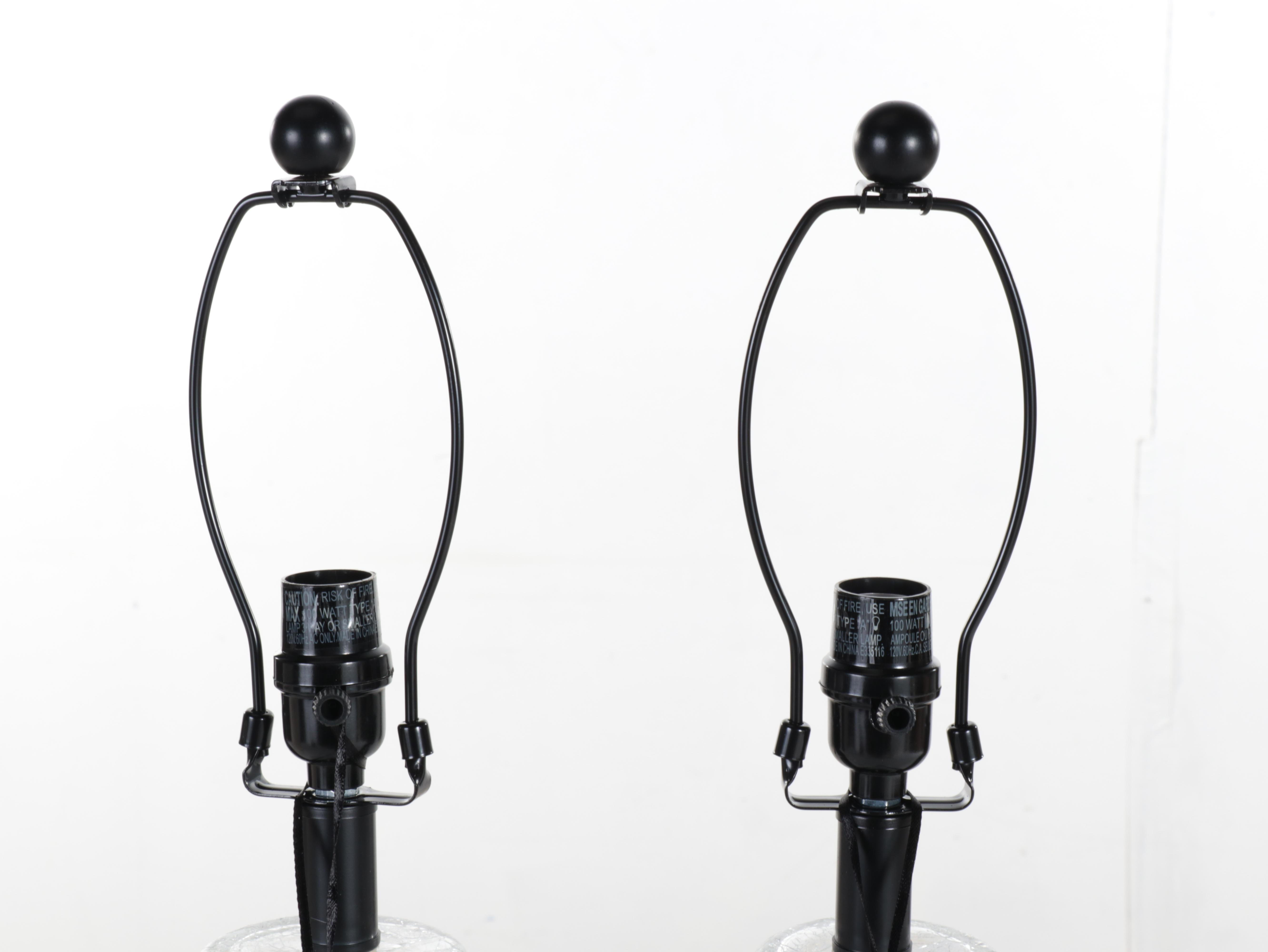 Pair of DSI Crackle Glass Table Lamps With Drum Shades, Contemporary