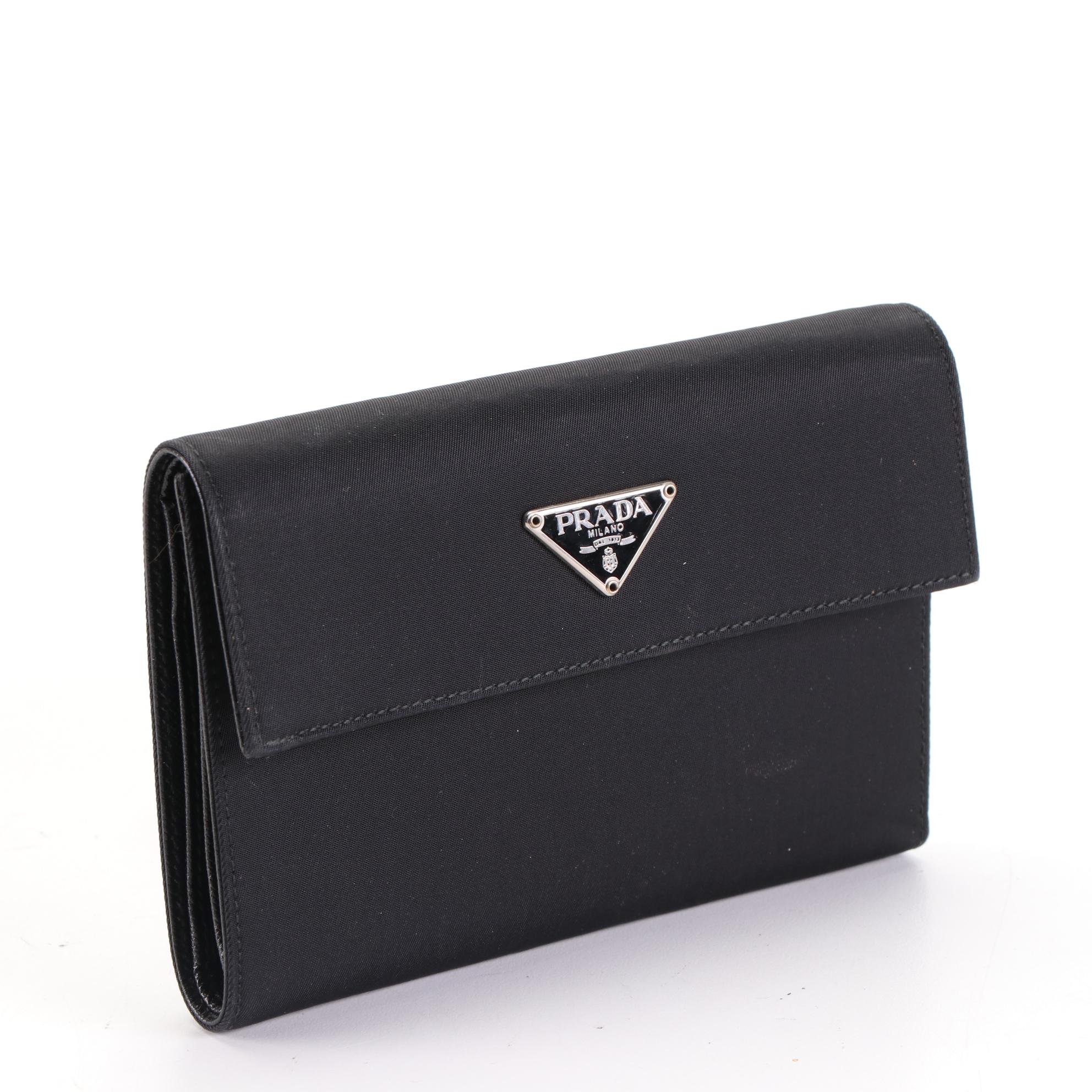 Prada Compact Trifold Wallet in Black Tessuto and Saffiano Leather