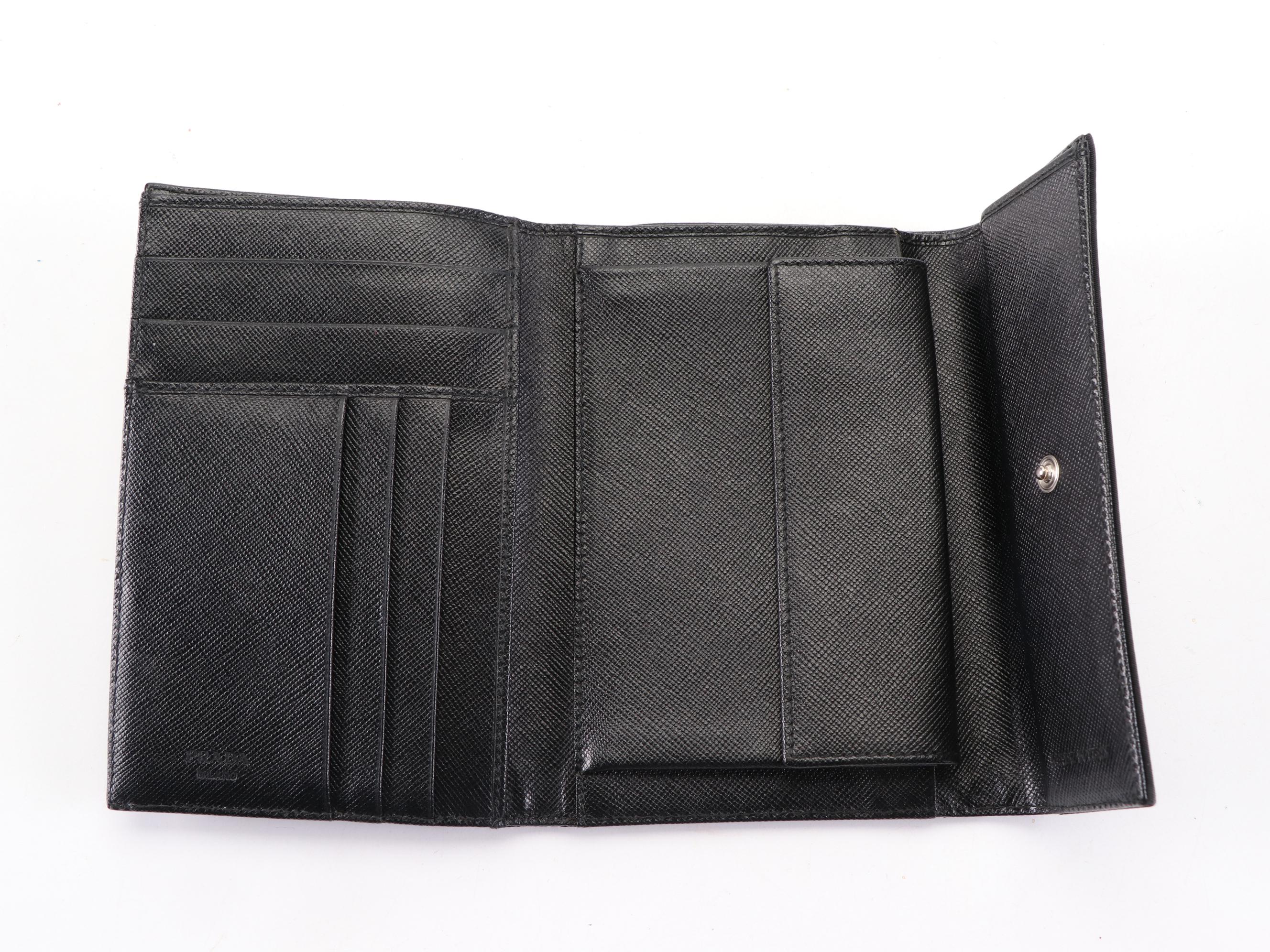 Prada Compact Trifold Wallet in Black Tessuto and Saffiano Leather