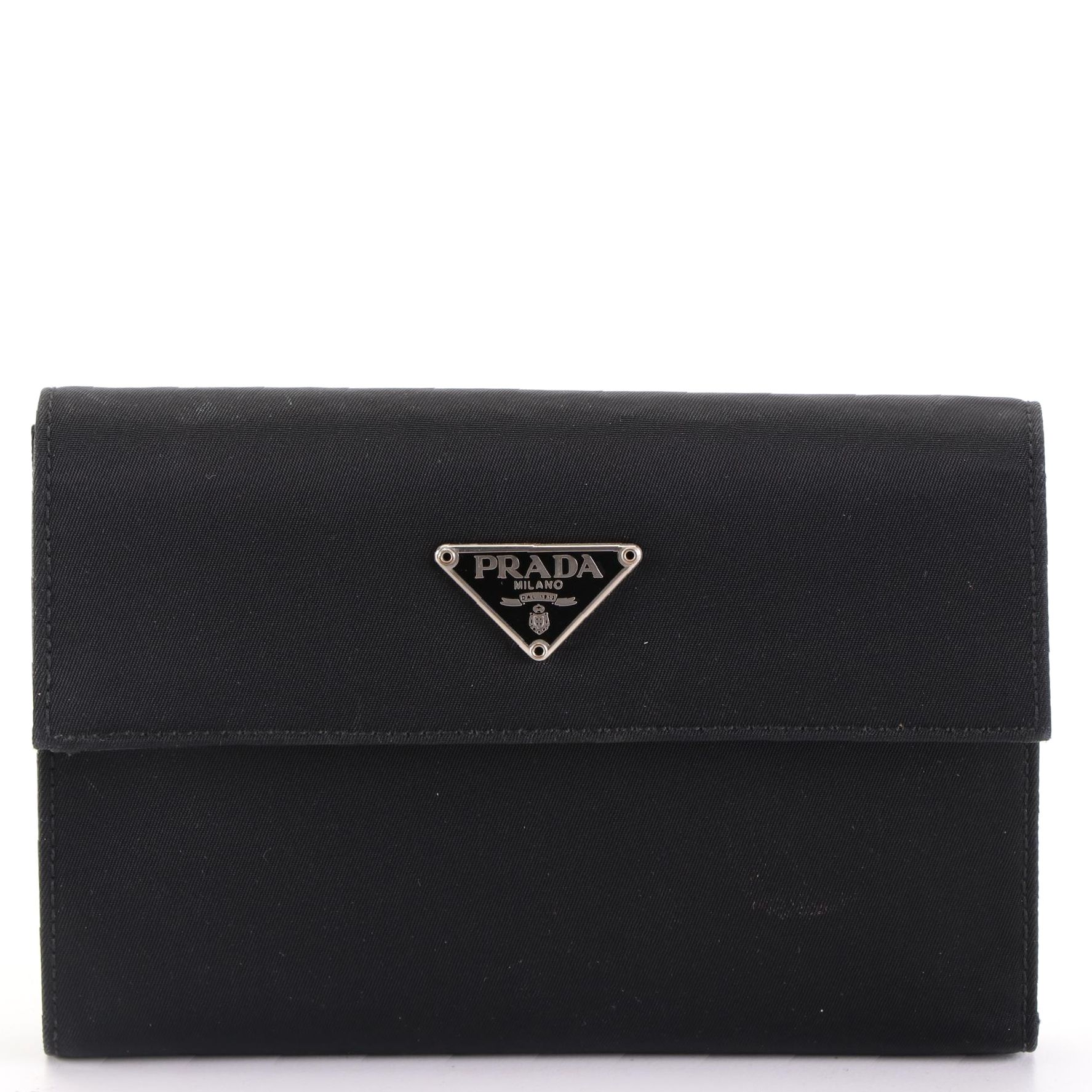 Prada Compact Trifold Wallet in Black Tessuto and Saffiano Leather
