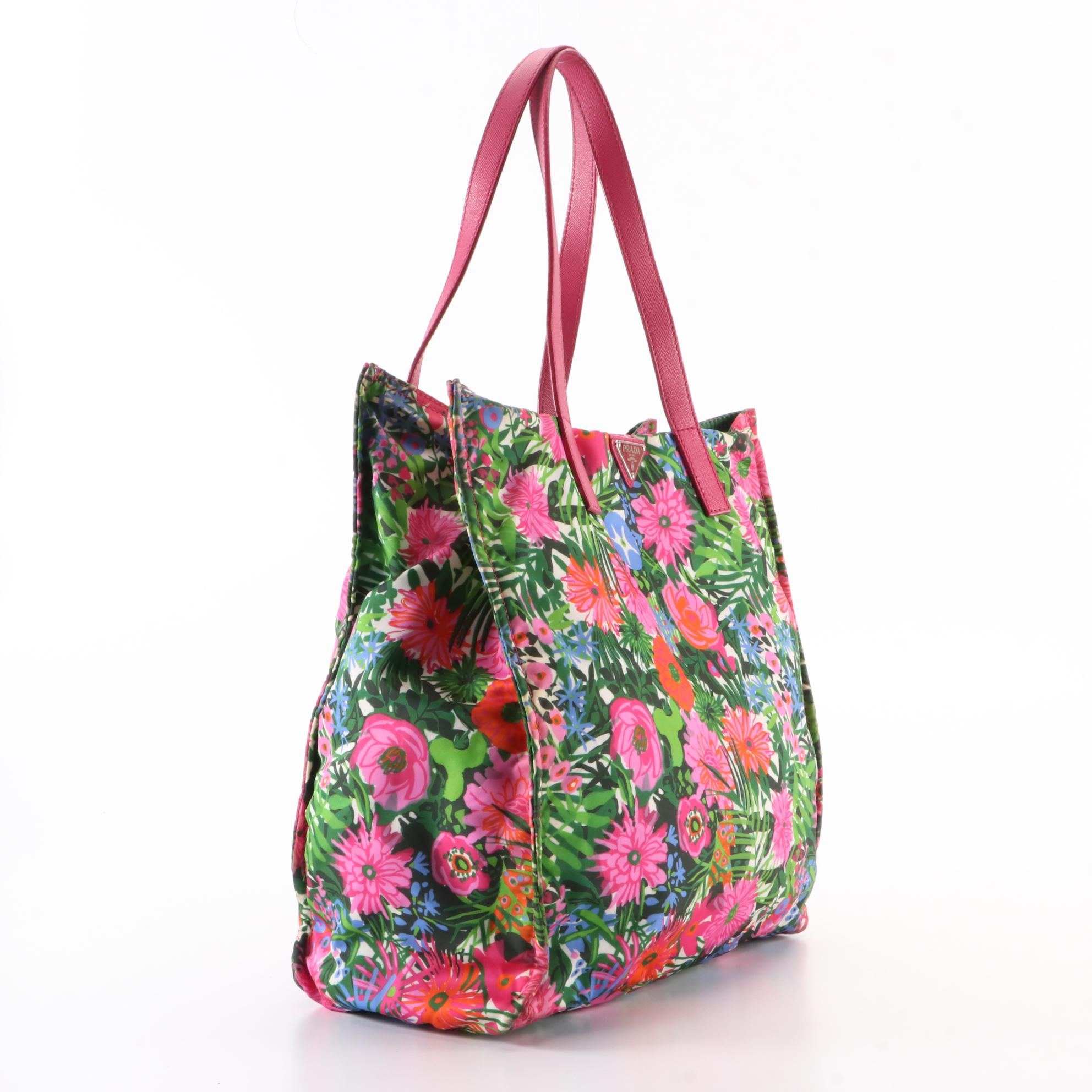 Prada Small Shopper Tote in Floral-Print Nylon Gabardine and Saffiano Leather